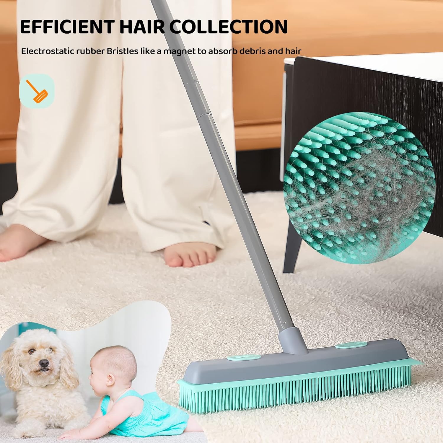 Rubber Broom Carpet Rake for Pet Hair, Fur Remover Broom