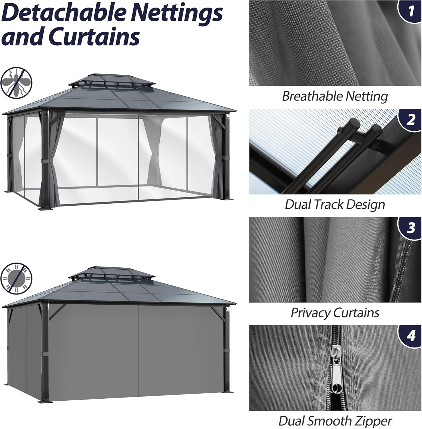 12' x 16' Hardtop Gazebo with Metal Frame Permanent Pavilion with Netting& Curtains