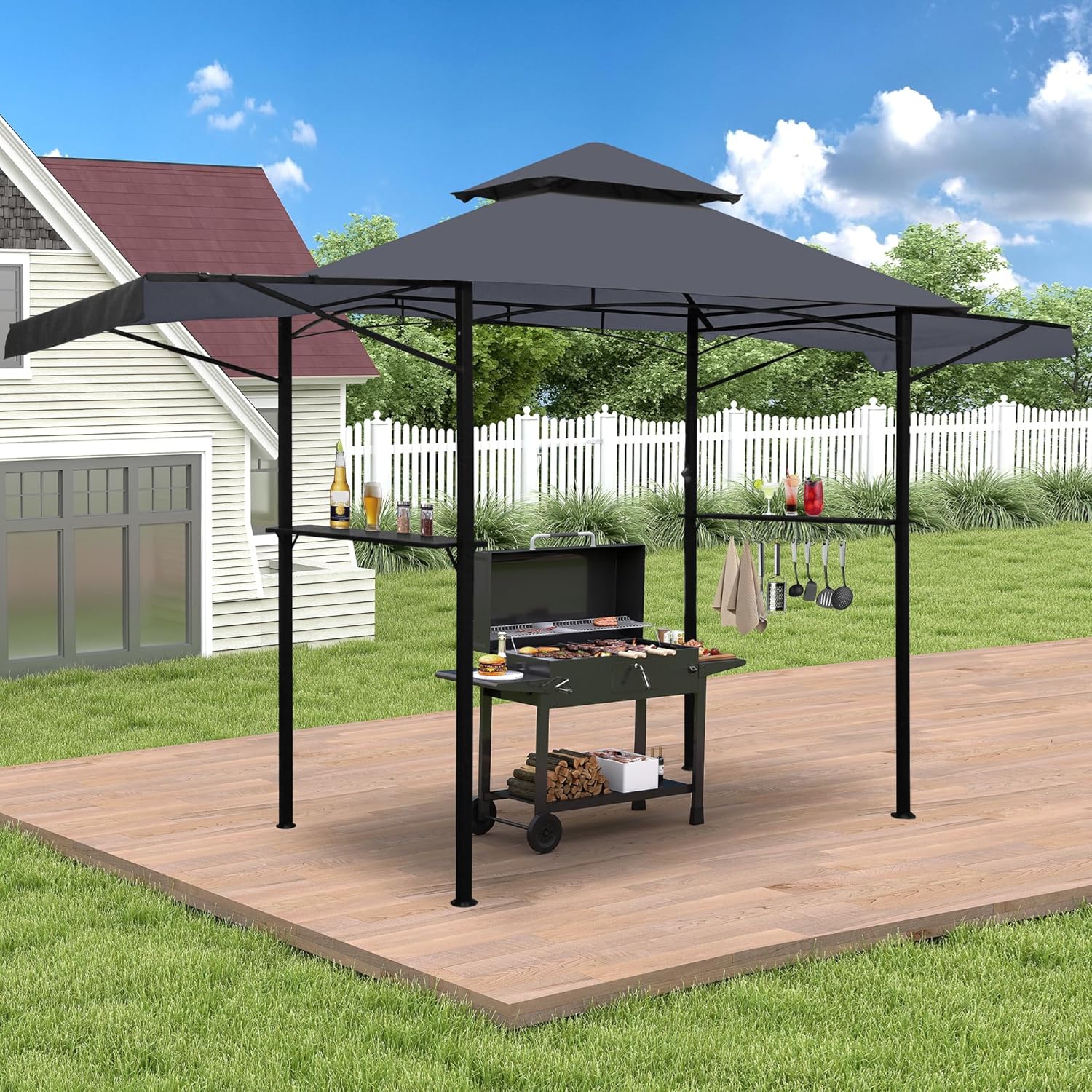 14 x 5Ft Grill Gazebo Outdoor BBQ Gazebo Canopy with Dual Side Awnings&Led Light-Gray