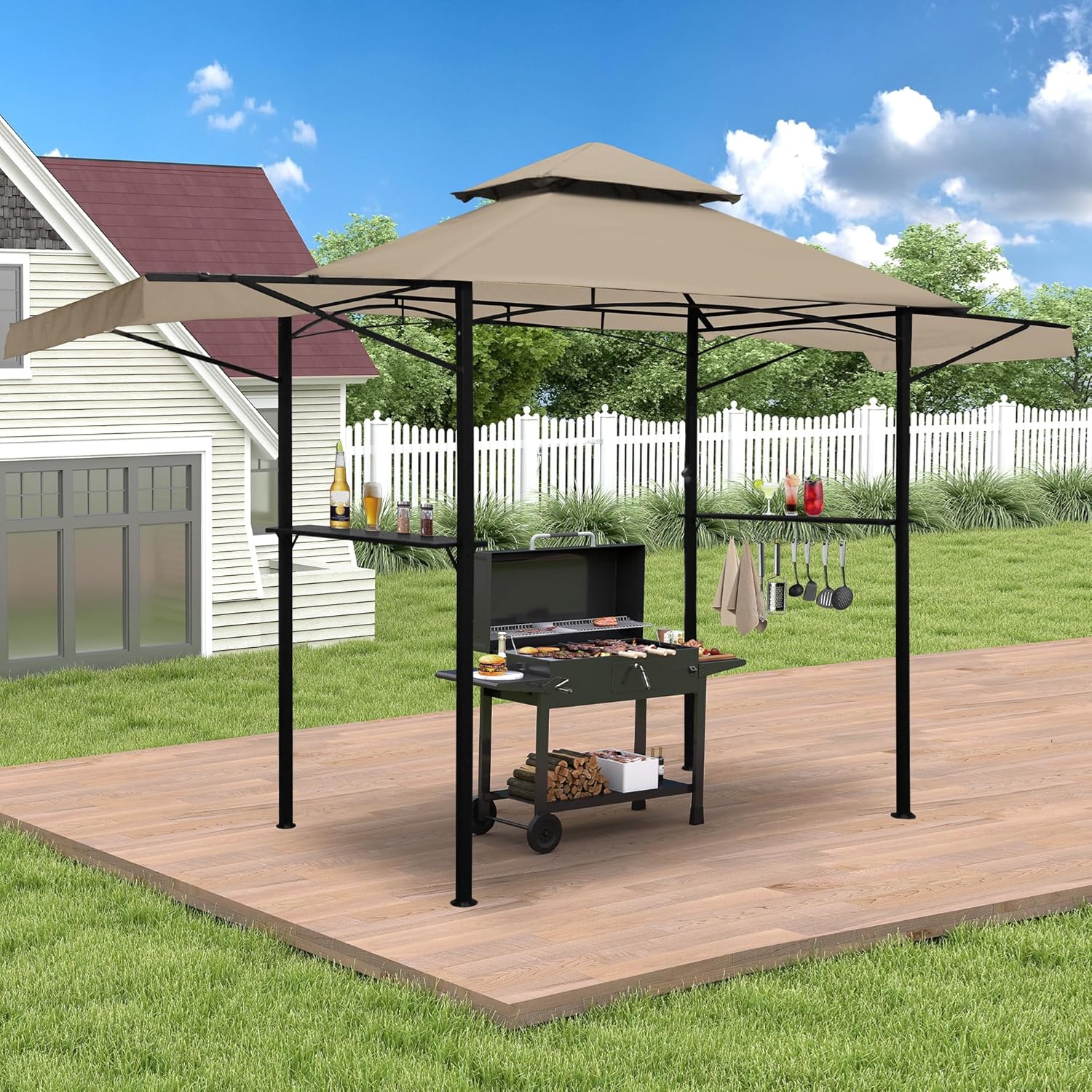 14 x 5Ft Grill Gazebo Outdoor BBQ Gazebo Canopy with Dual Side Awnings&Led Light-Khaki