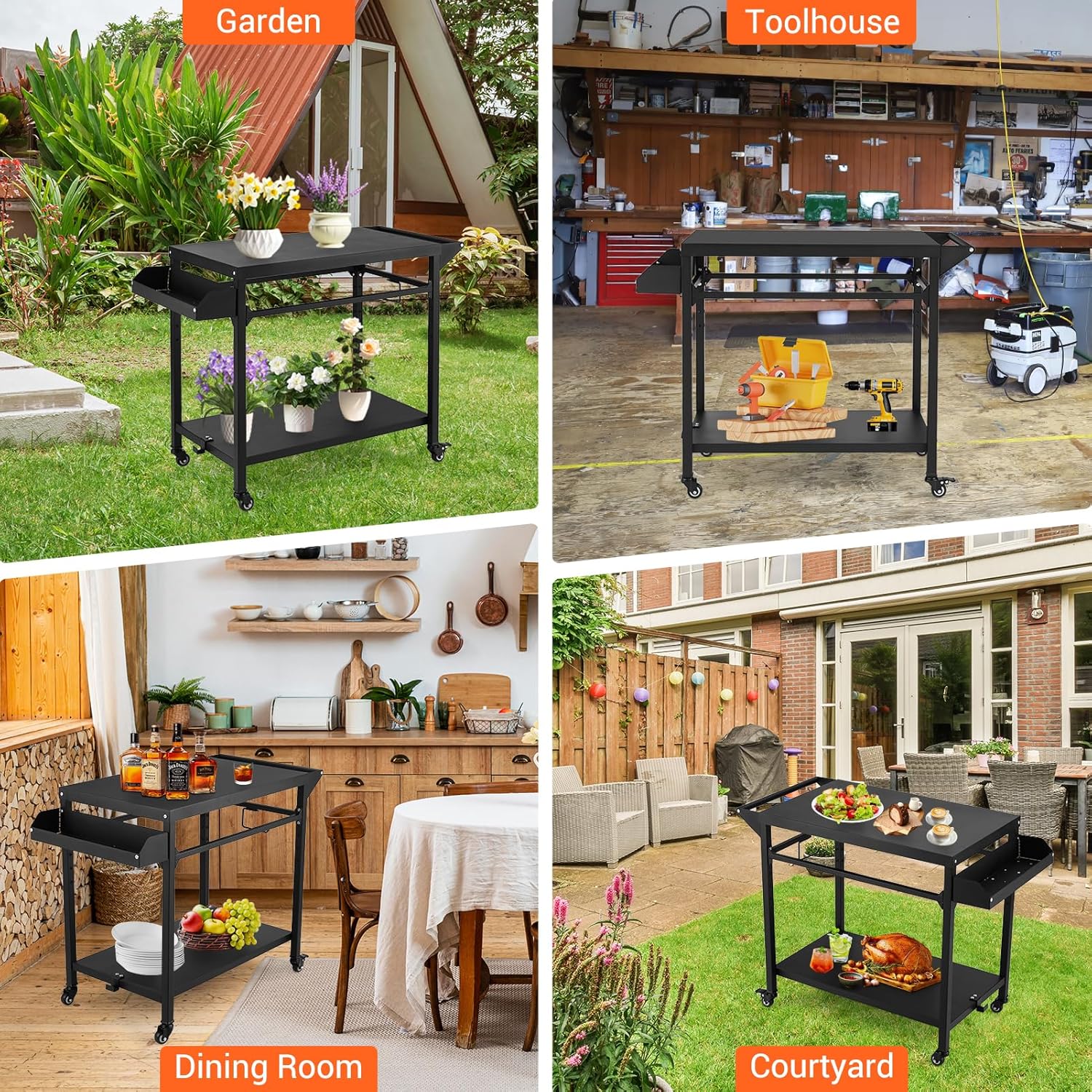 Outdoor Grill Cart, Pizza Oven Stand Table with Lockable Wheels for Outside Patio, Heavy Duty Movable Outdoor Cooking Prep Table