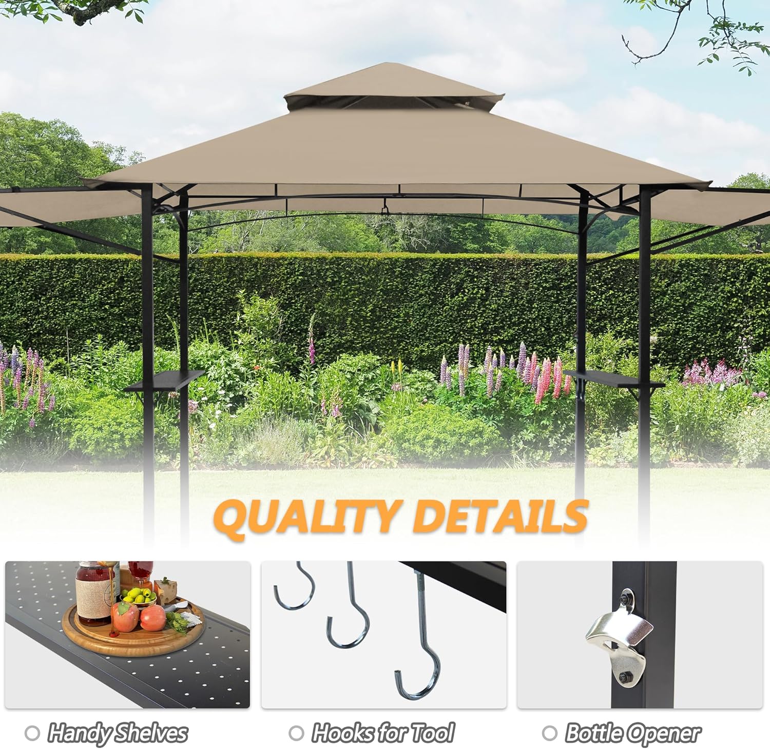 14 x 5Ft Grill Gazebo Outdoor BBQ Gazebo Canopy with Dual Side Awnings&Led Light-Khaki