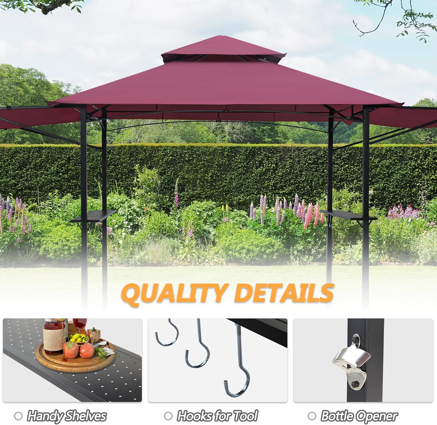 14 x 5Ft Grill Gazebo Outdoor BBQ Gazebo Canopy with Dual Side Awnings&Led Light-Red