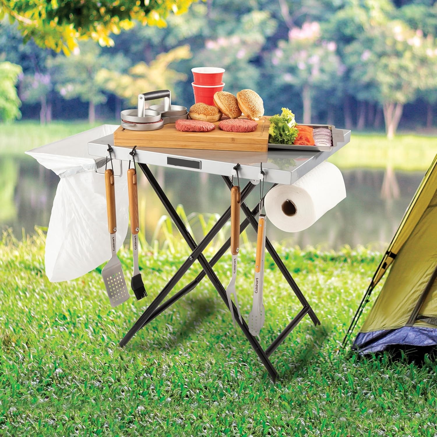 20.9"D x 34.4"W x 28.1"H Fold ‘n Go Prep Table, Portable Folding Table and Grill Stand with Tool hooks, Trash Bag Holder, Paper Towel Rack