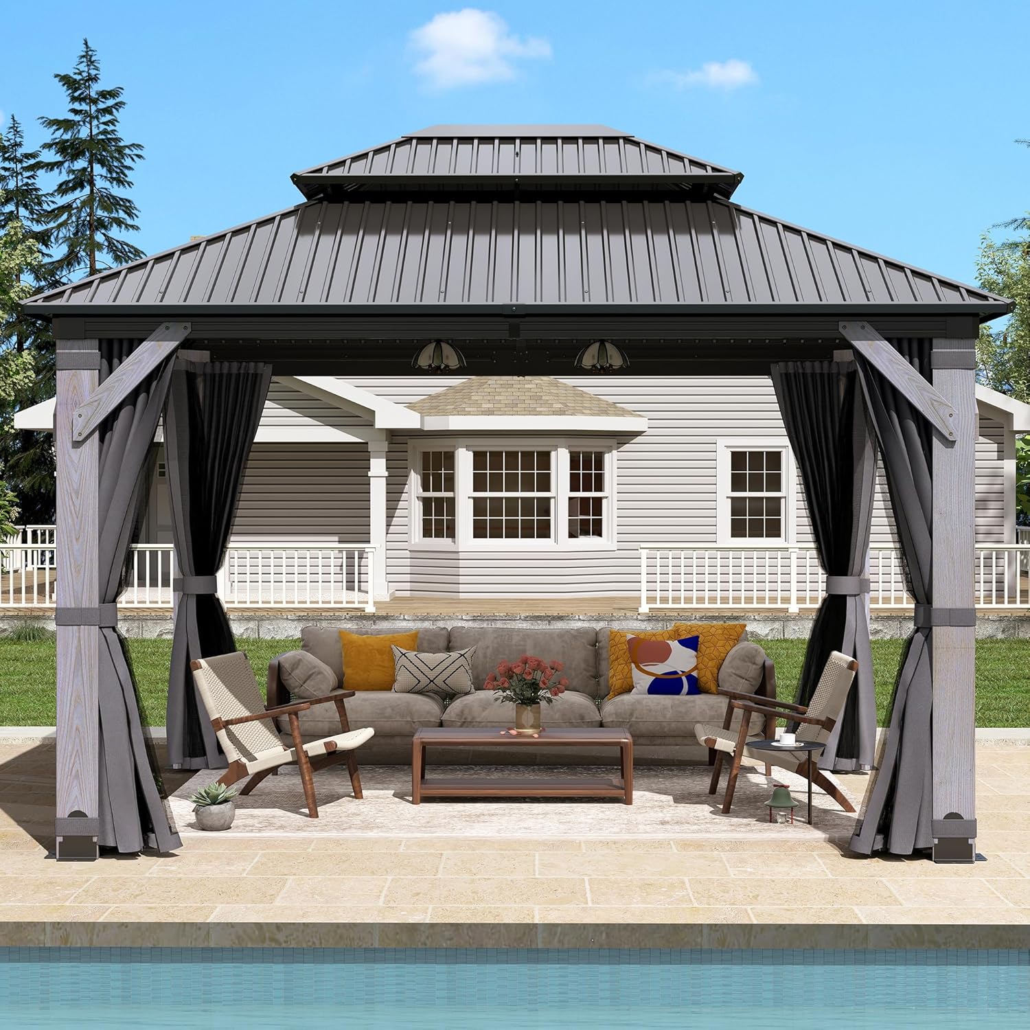 Outdoor 10x12 FT Wood Gazebo with Galvanized Steel Doule Roof