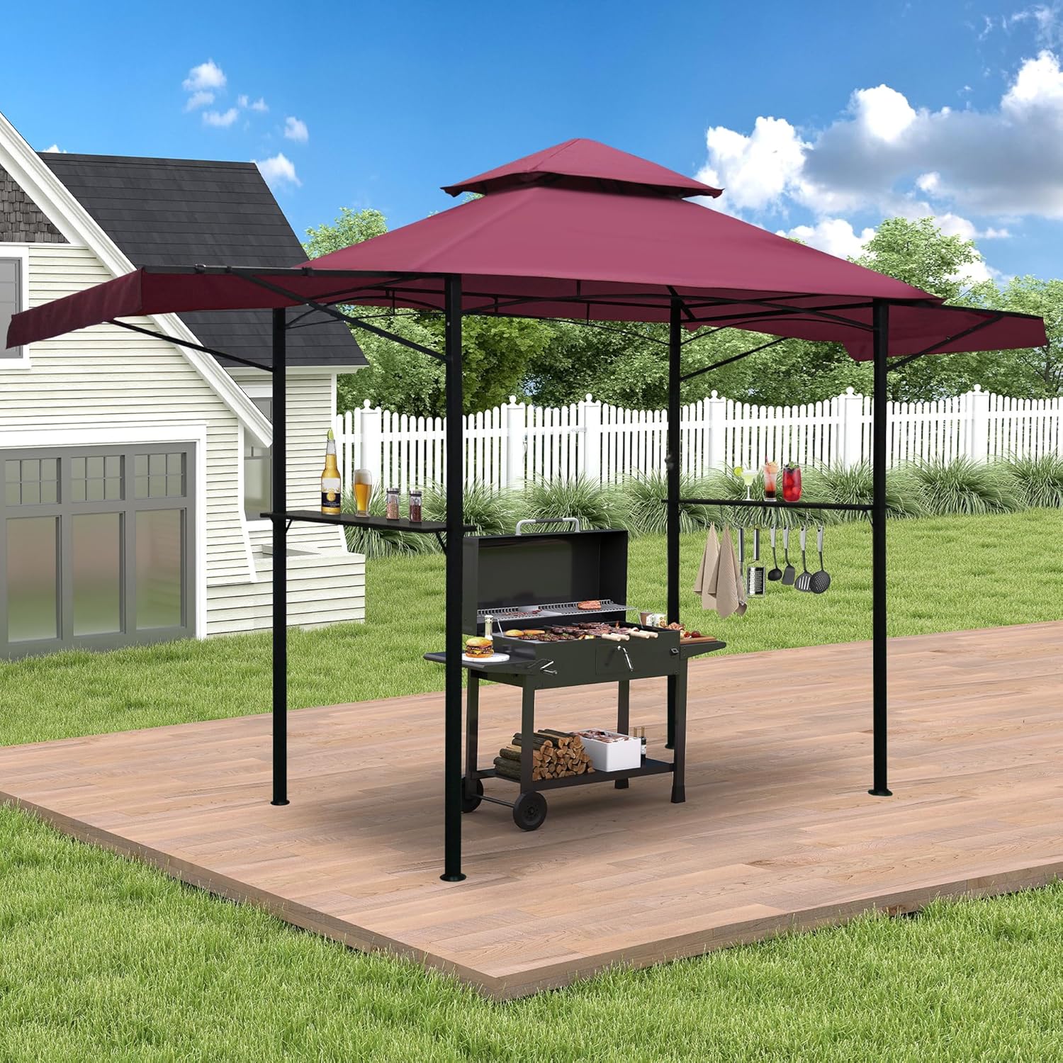 14 x 5Ft Grill Gazebo Outdoor BBQ Gazebo Canopy with Dual Side Awnings&Led Light-Red