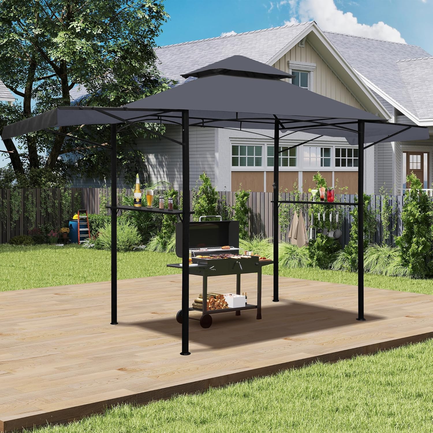 14 x 5Ft Grill Gazebo Outdoor BBQ Gazebo Canopy with Dual Side Awnings&Led Light-Gray