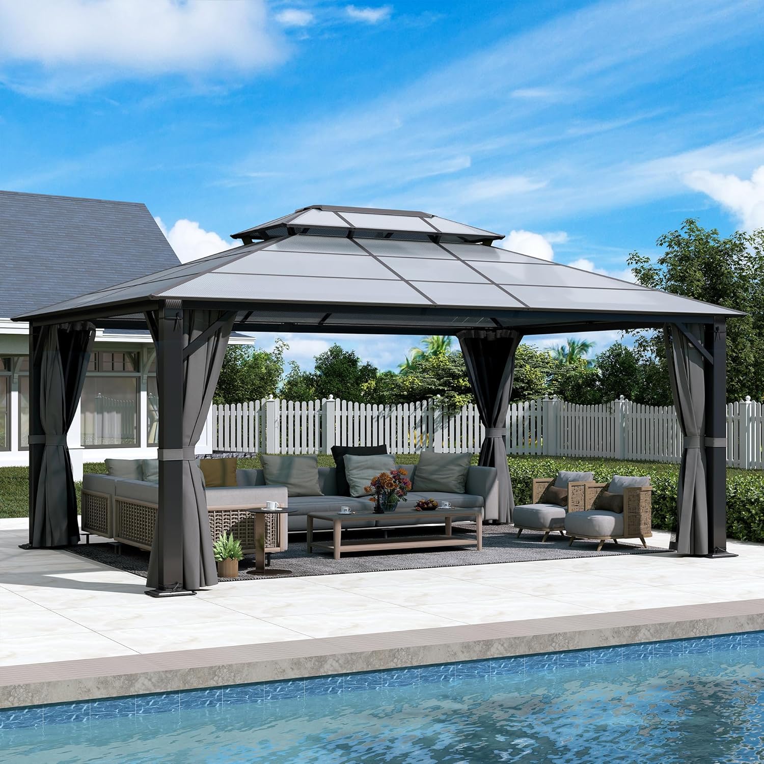 12' x 16' Hardtop Gazebo with Metal Frame Permanent Pavilion with Netting& Curtains