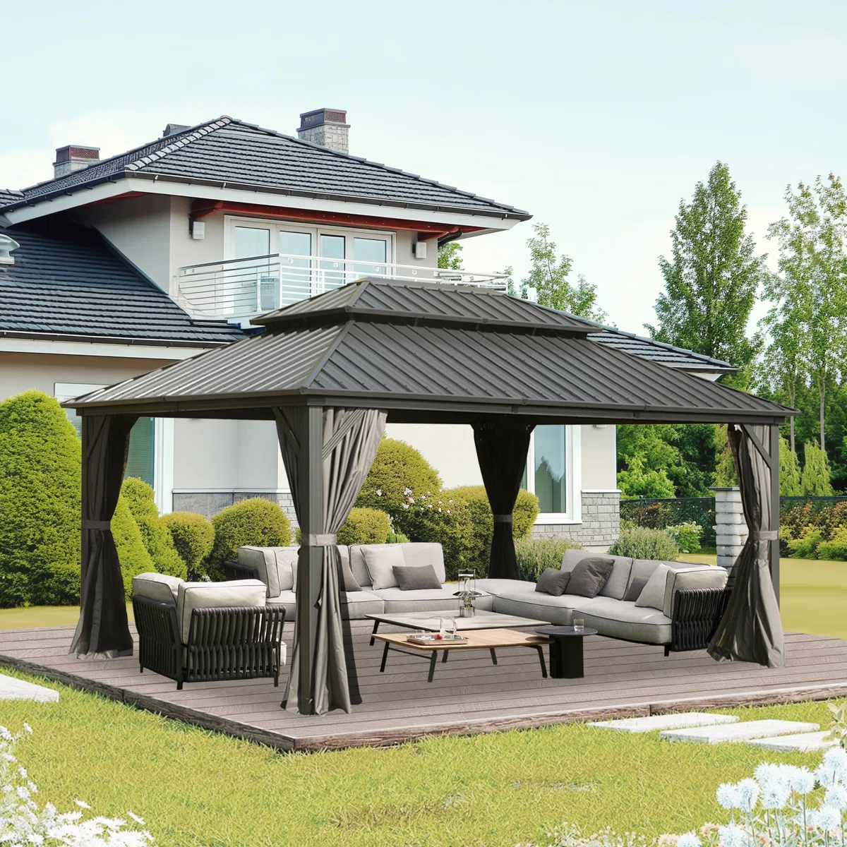 Steel Patio Gazebo with Overhang Slope-design Double Roof