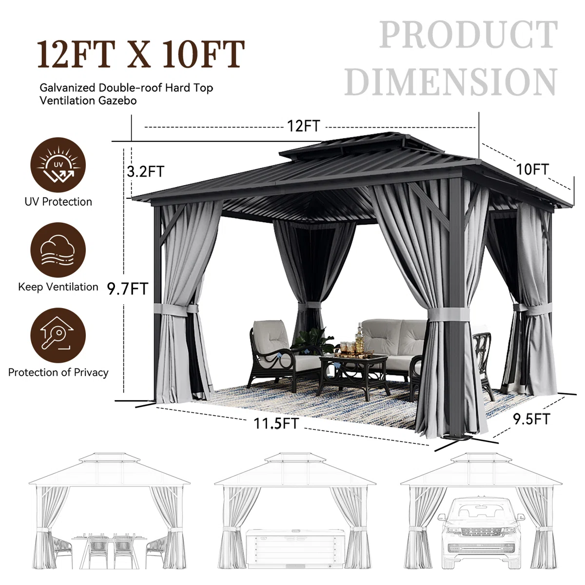 Gazebo 10x12 ft - Double Galvanized Steel Roof & Aluminum Frame