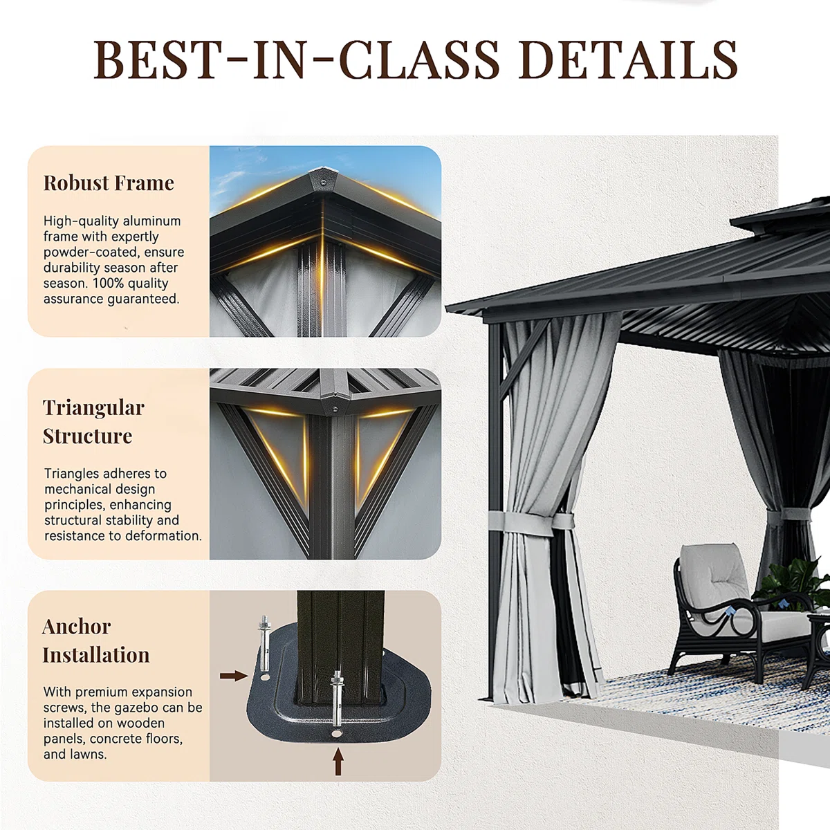 Gazebo 10x12 ft - Double Galvanized Steel Roof & Aluminum Frame