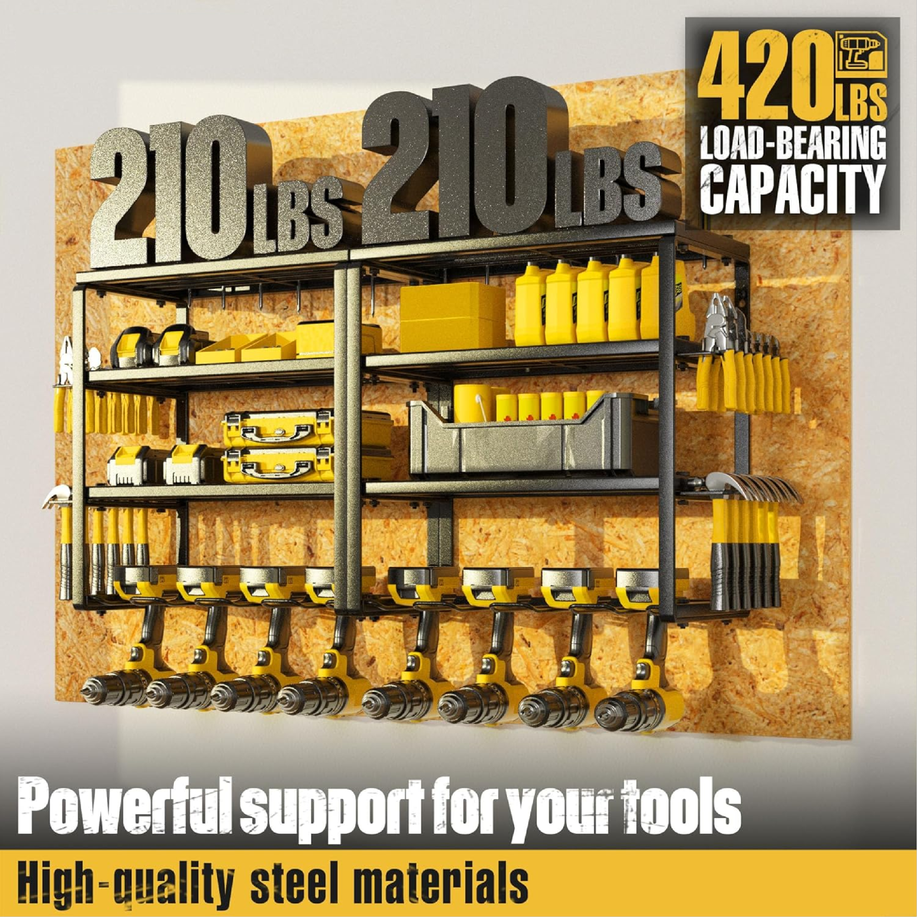 4 shelves 8 Slots for Cordless Drill in Garage/Workshop/Pegboard/Shed