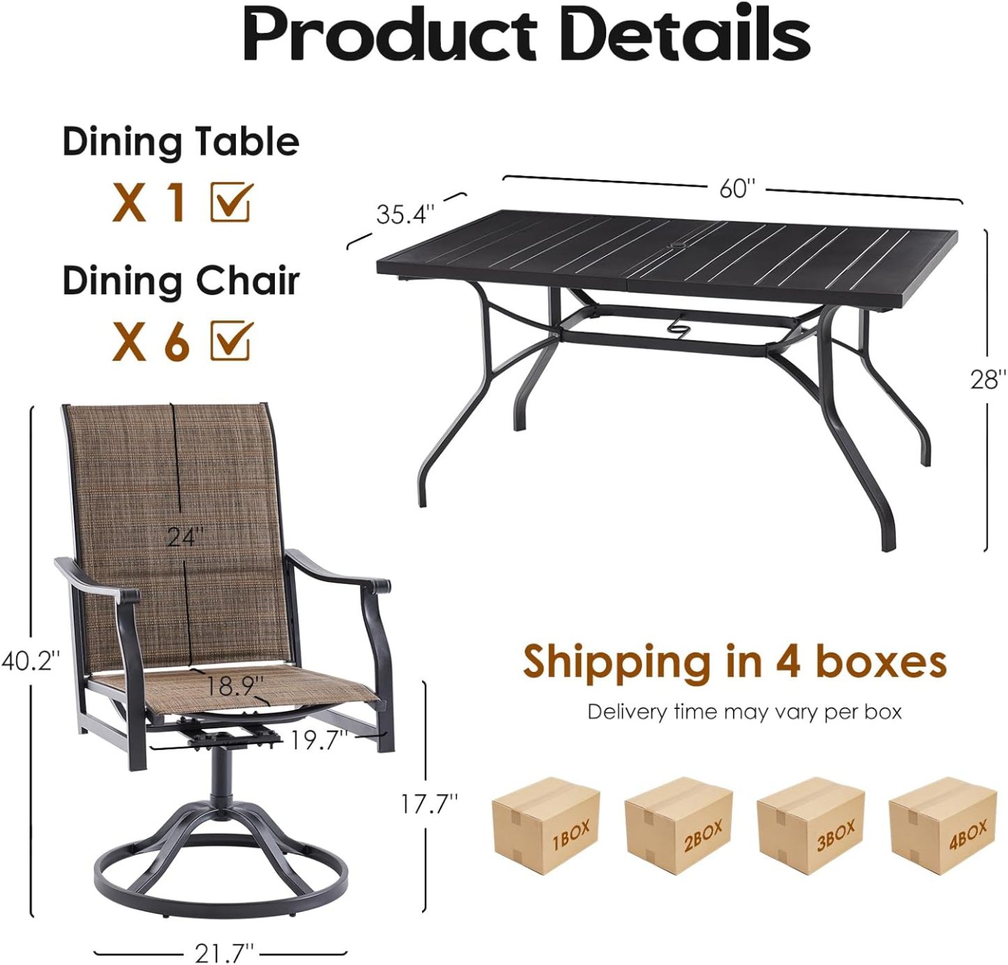 6 x Swivel Outdoor Chairs with Paded Textilene and 60"x35" Patio Table with 1.57" Umbrella Hole