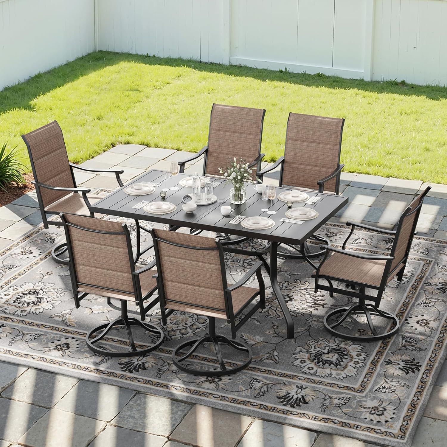 6 x Swivel Outdoor Chairs with Paded Textilene and 60"x35" Patio Table with 1.57" Umbrella Hole