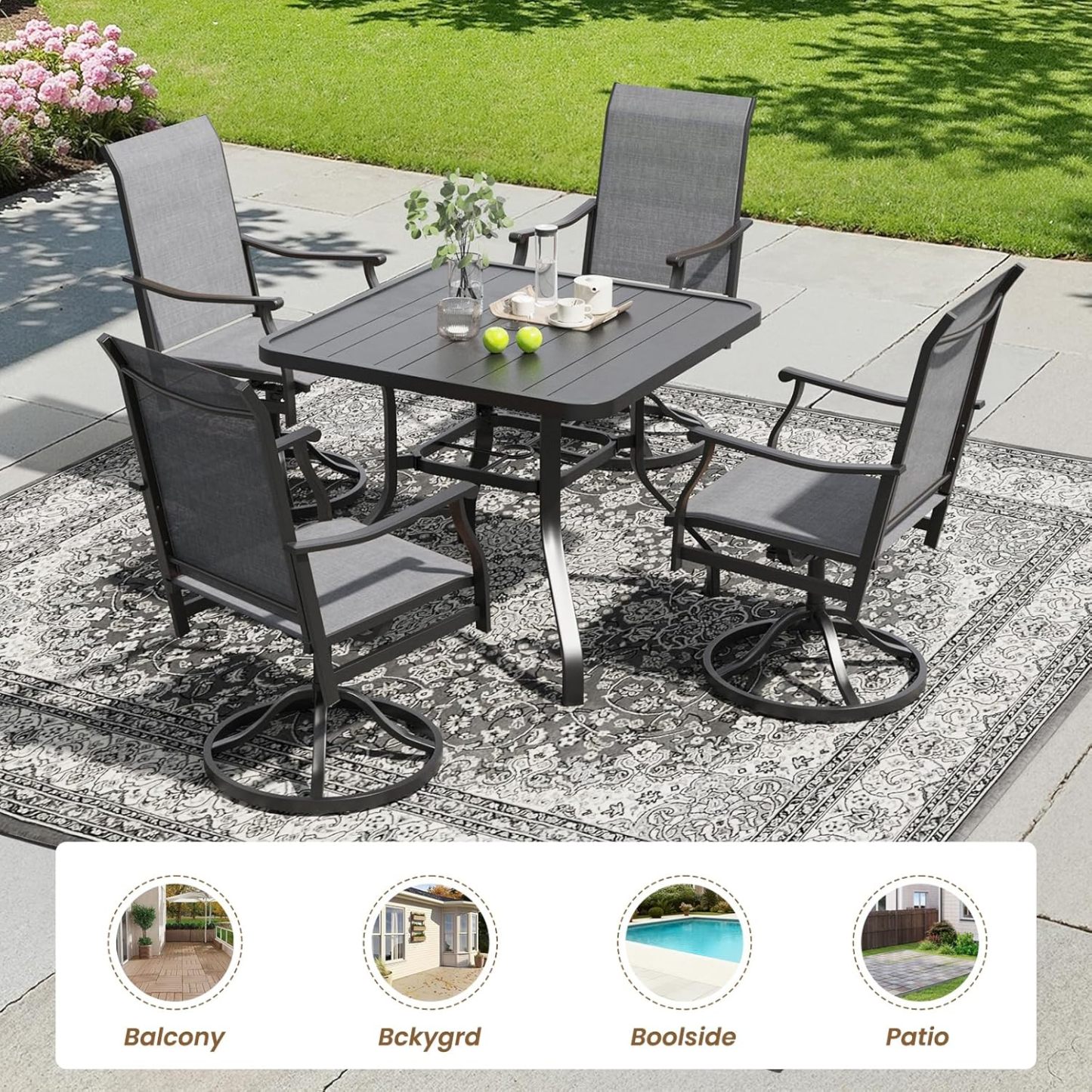 4 x Swivel Patio Chairs with Textilene Fabric and 35"x35" Outdoor Dining Table