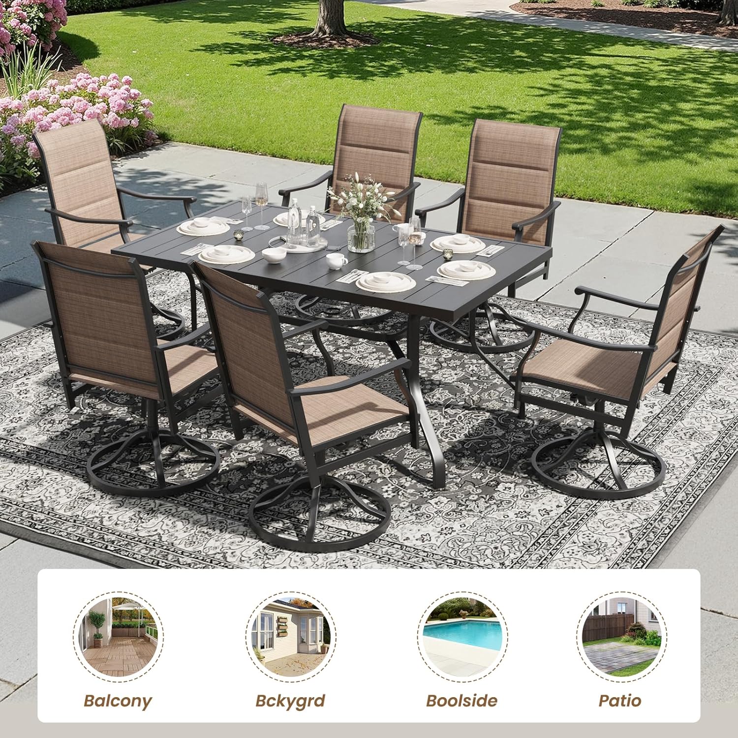 6 x Swivel Outdoor Chairs with Paded Textilene and 60"x35" Patio Table with 1.57" Umbrella Hole