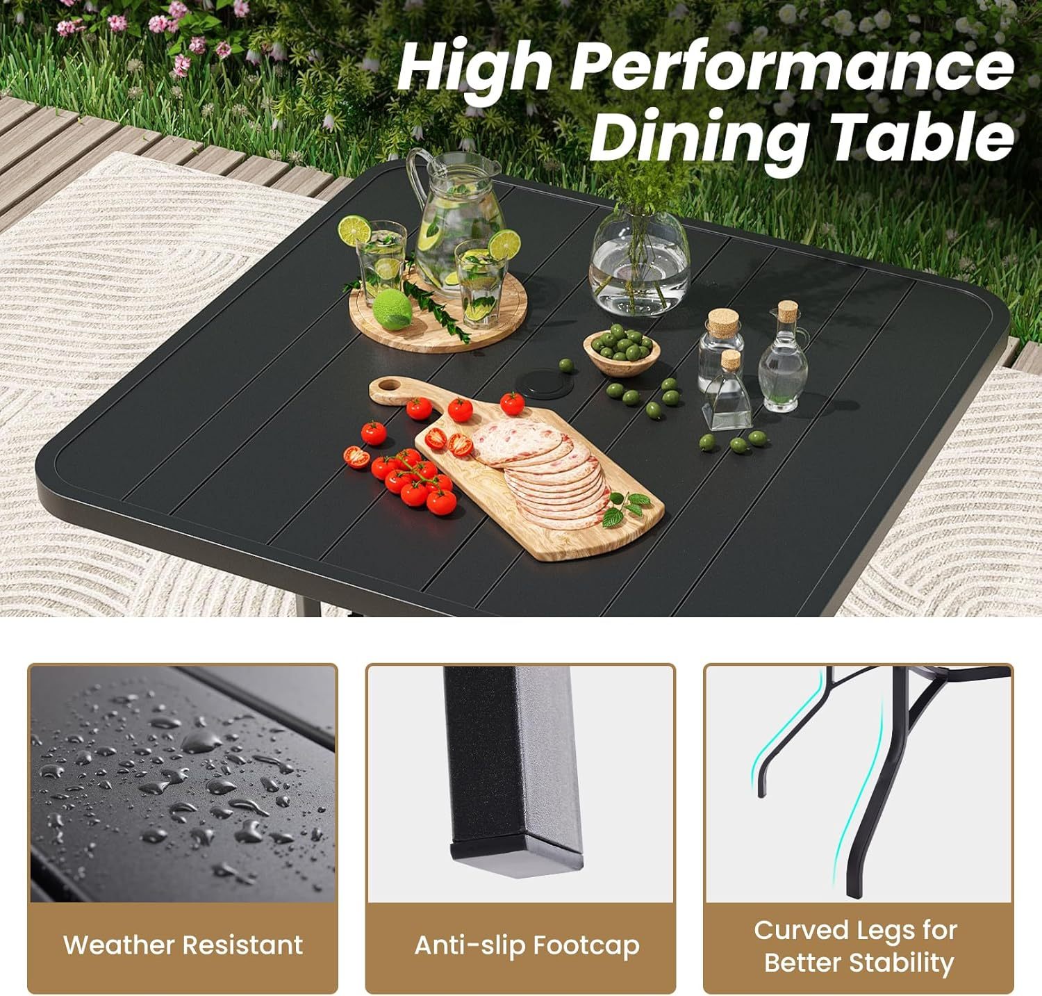 Square Outdoor Dining Table with 1.57" Umbrella Hole