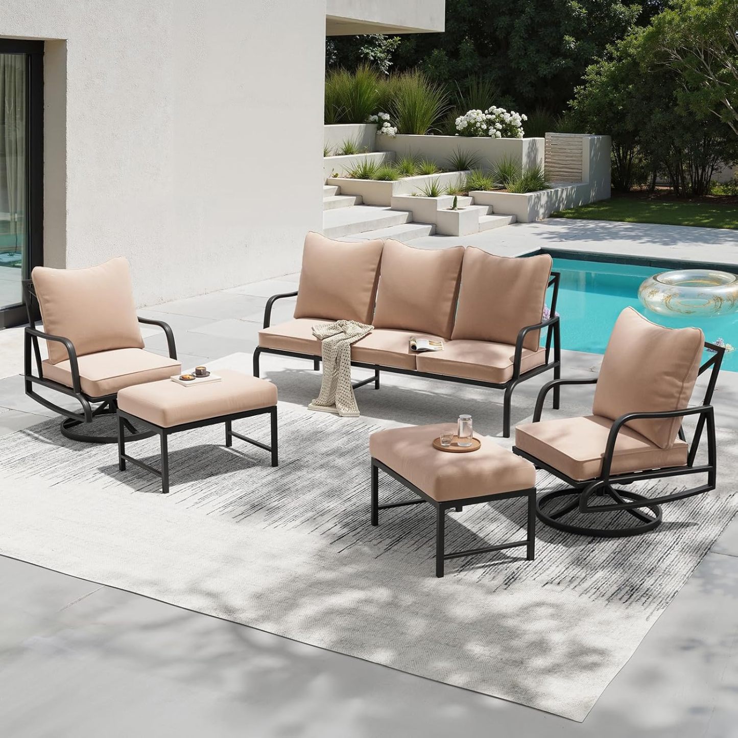 2 x Outdoor Swivel Chair, 1 x 3-Seats Sofa and 2 x Ottoman