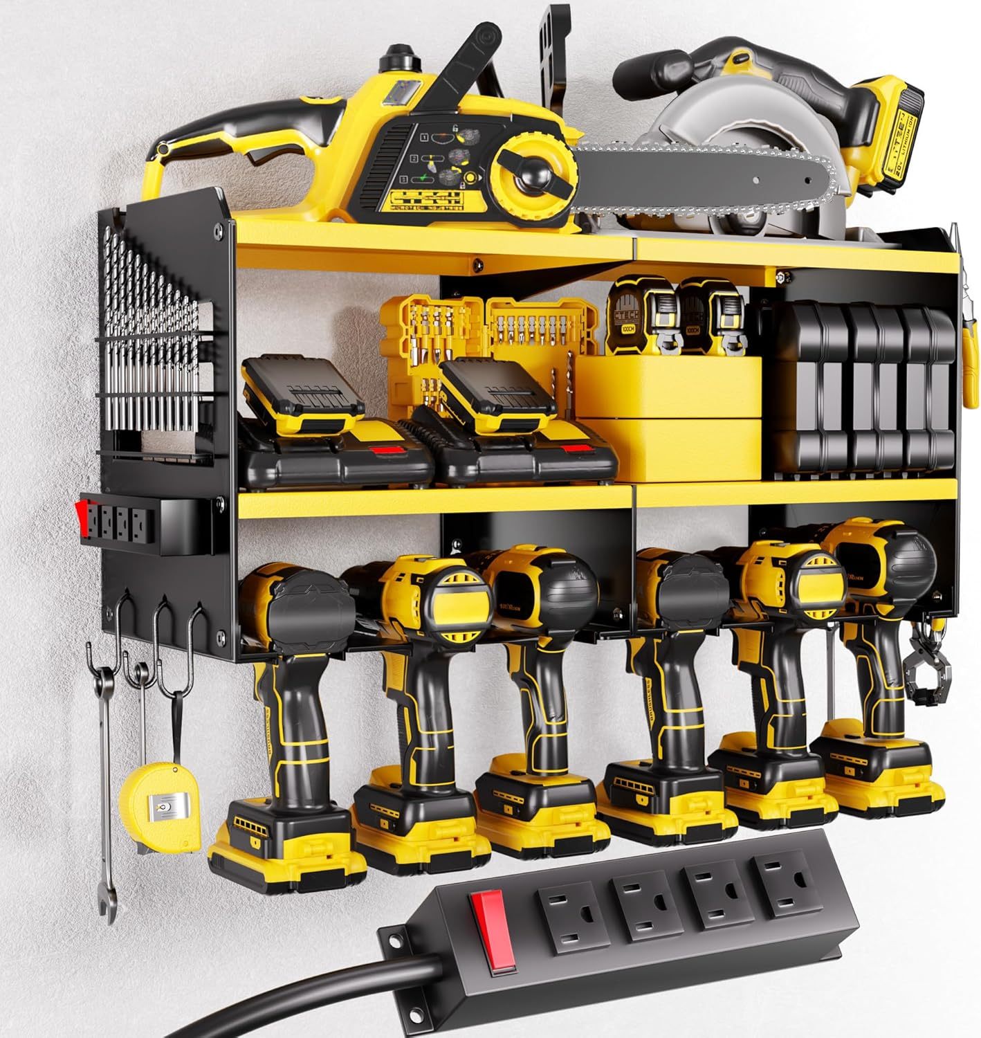 3 Layer Heavy Duty Metal Tool Storage Rack Loads 420lbs with 6 Cordless Drill Holder