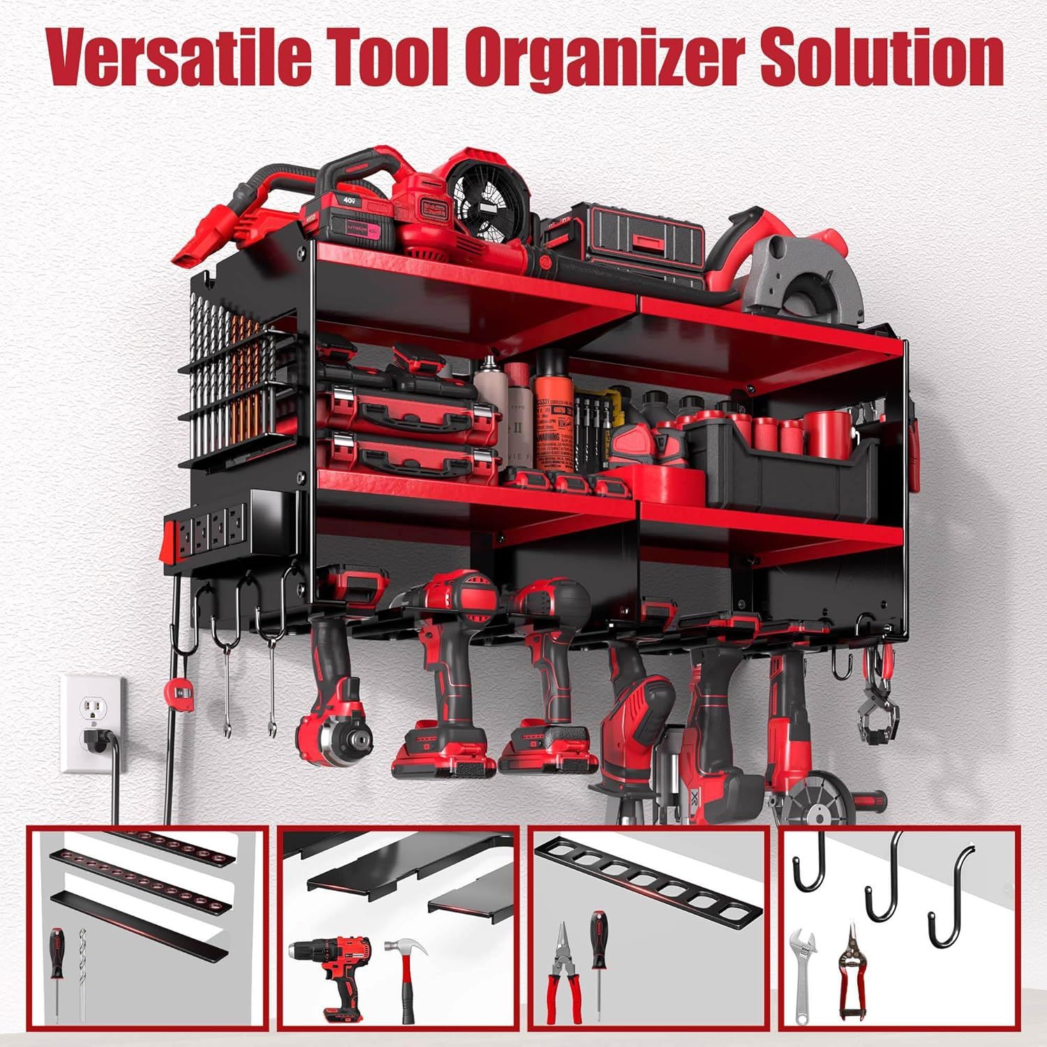 Power Tool Organizer Wall Mount with 4-Outlet Power Strip