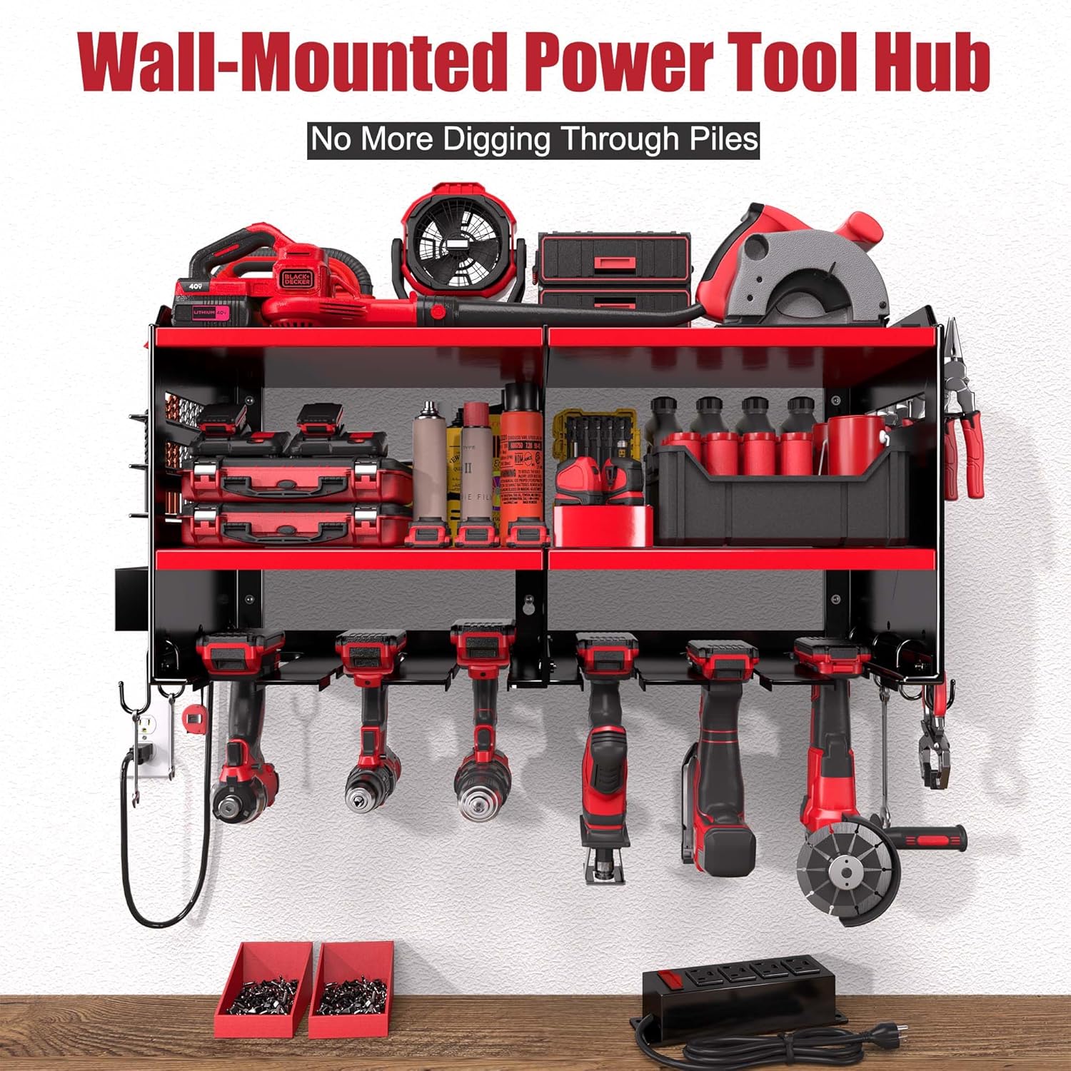 Power Tool Organizer Wall Mount with 4-Outlet Power Strip