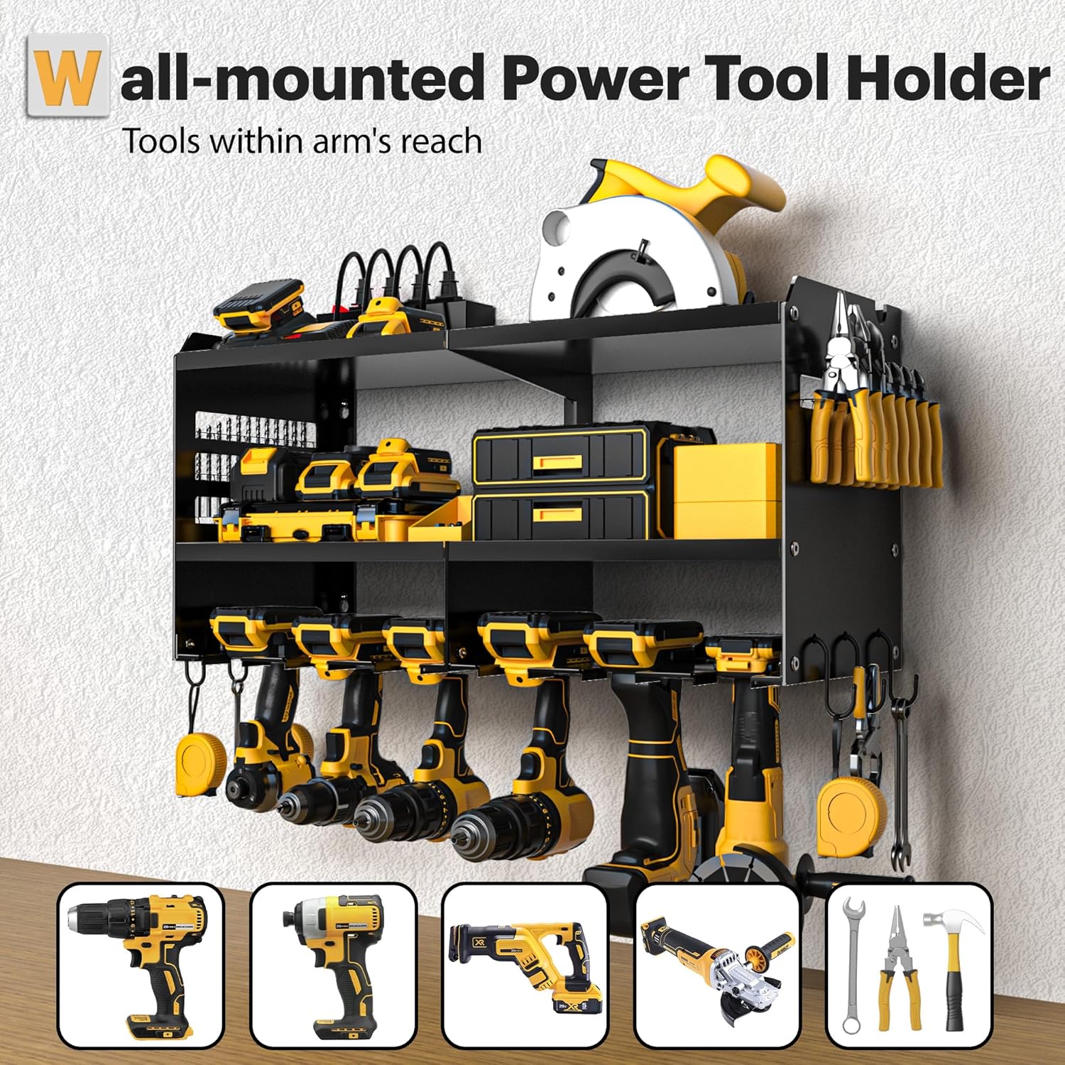 Power Tool Organizer Wall Mount with Charging Station