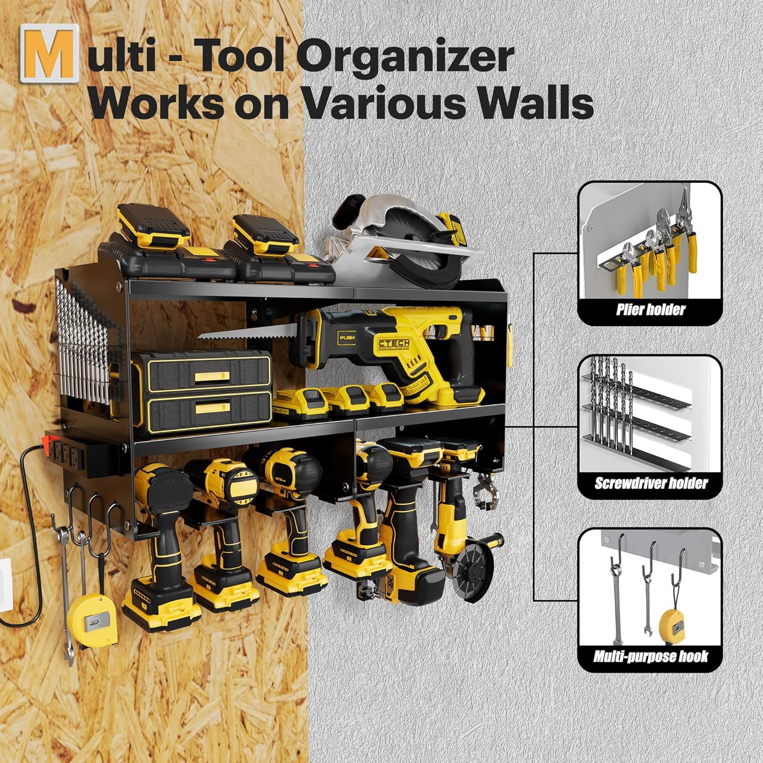 Power Tool Organizer Wall Mount with Charging Station