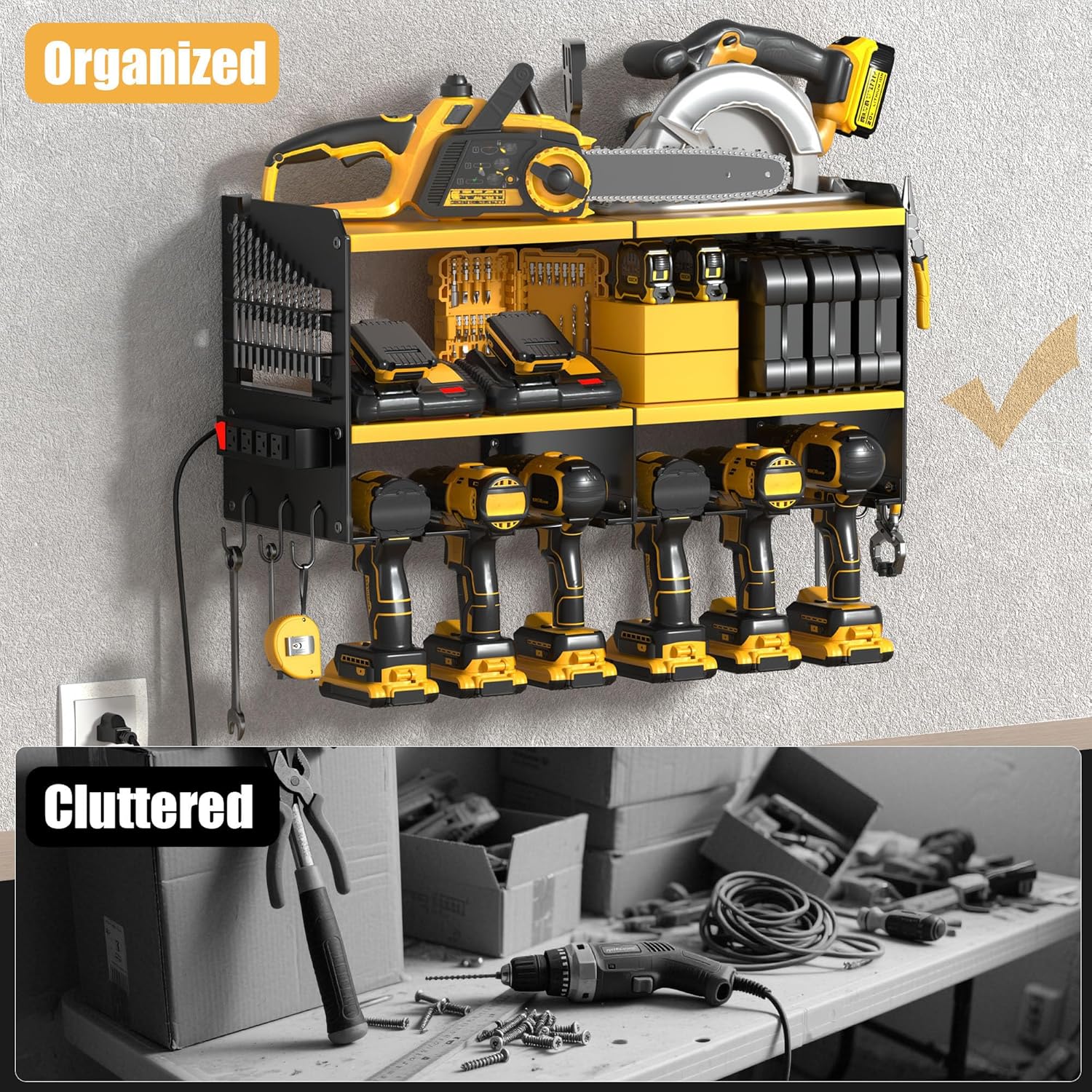 3 Layer Heavy Duty Metal Tool Storage Rack Loads 420lbs with 6 Cordless Drill Holder