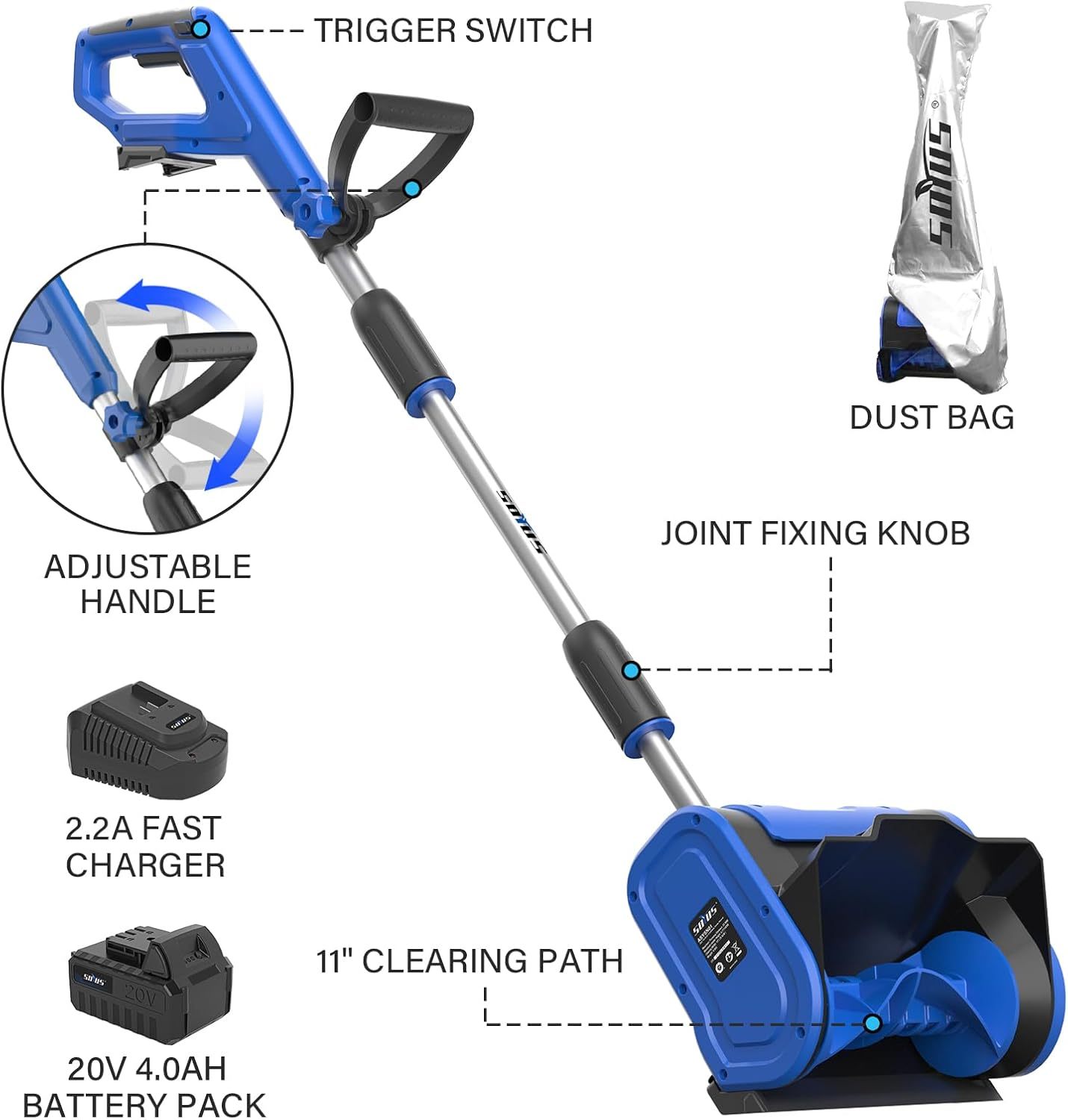 Cordless Snow Shovel, 20V 11-Inch Snow Blower Cordless, Electric Snow Shovel with Adjustable Front Handle