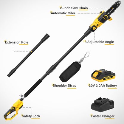 8-Inch Pole Saw for Tree Trimming Cordless 15-FT Max Reach, Auto Oiling, Tool-Less Electric Pole Saws, Tree Trimmer with Battery & Fast Charger