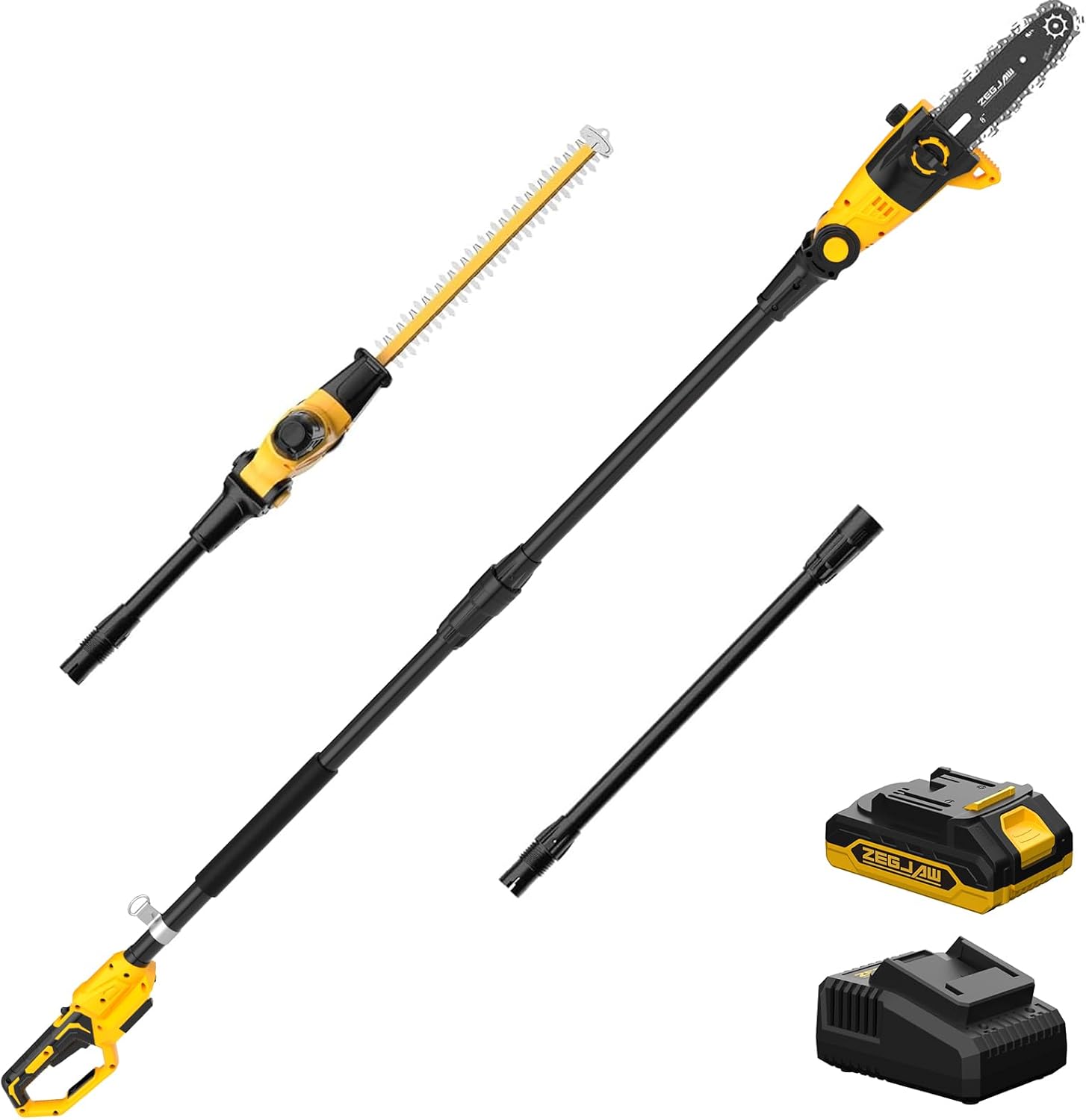 Pole Saw 8-Inch Cordless Tree Trimmer and 18-Inch Pole Hedge Trimmer 2-In-1,15-Feet Max Reach, Auto Oiling, Telescoping Pole Chainsaw with 2.0Ah Battery & Charger