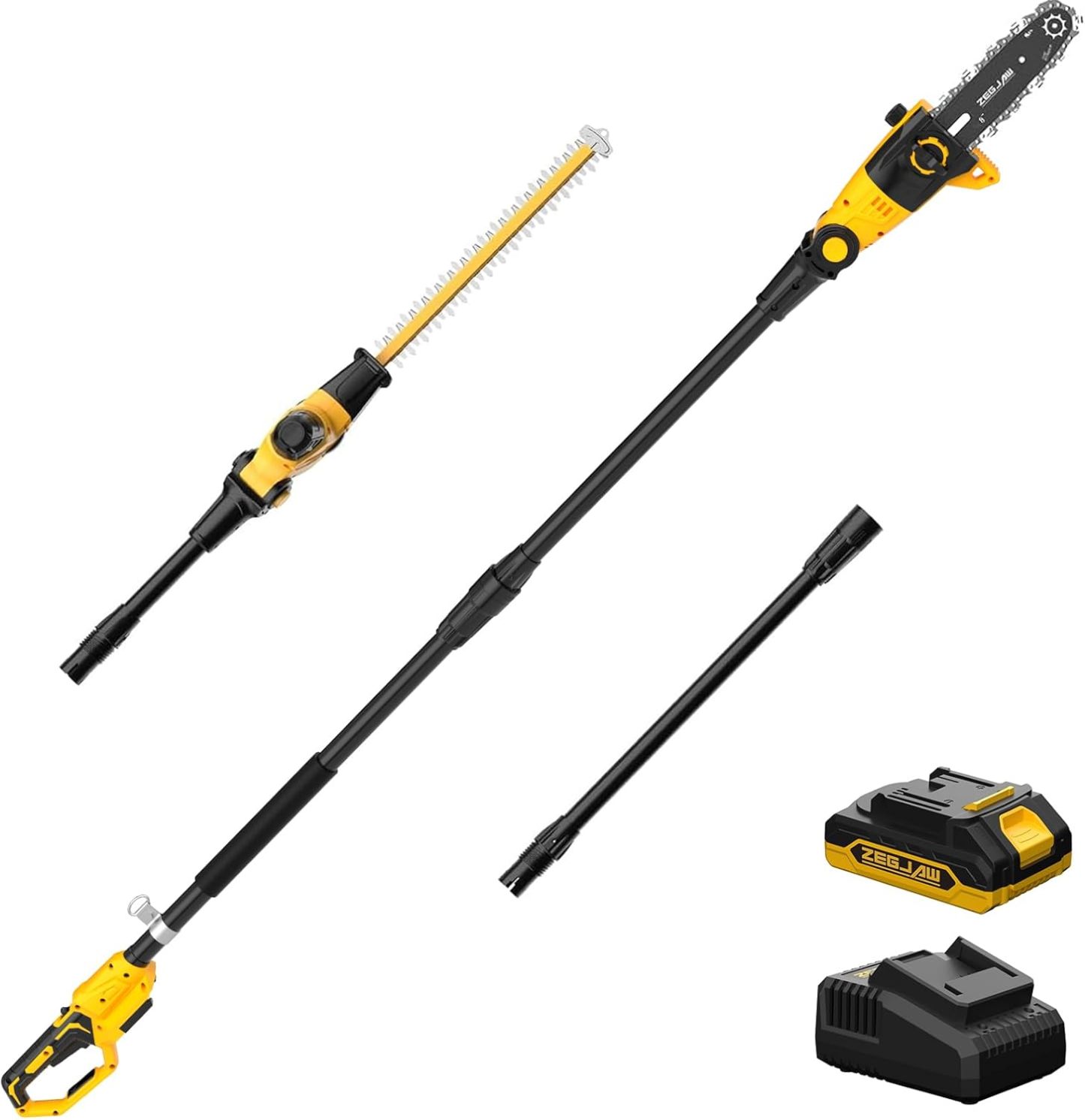 Pole Saw 8-Inch Cordless Tree Trimmer and 18-Inch Pole Hedge Trimmer 2-In-1,15-Feet Max Reach, Auto Oiling, Telescoping Pole Chainsaw with 2.0Ah Battery & Charger