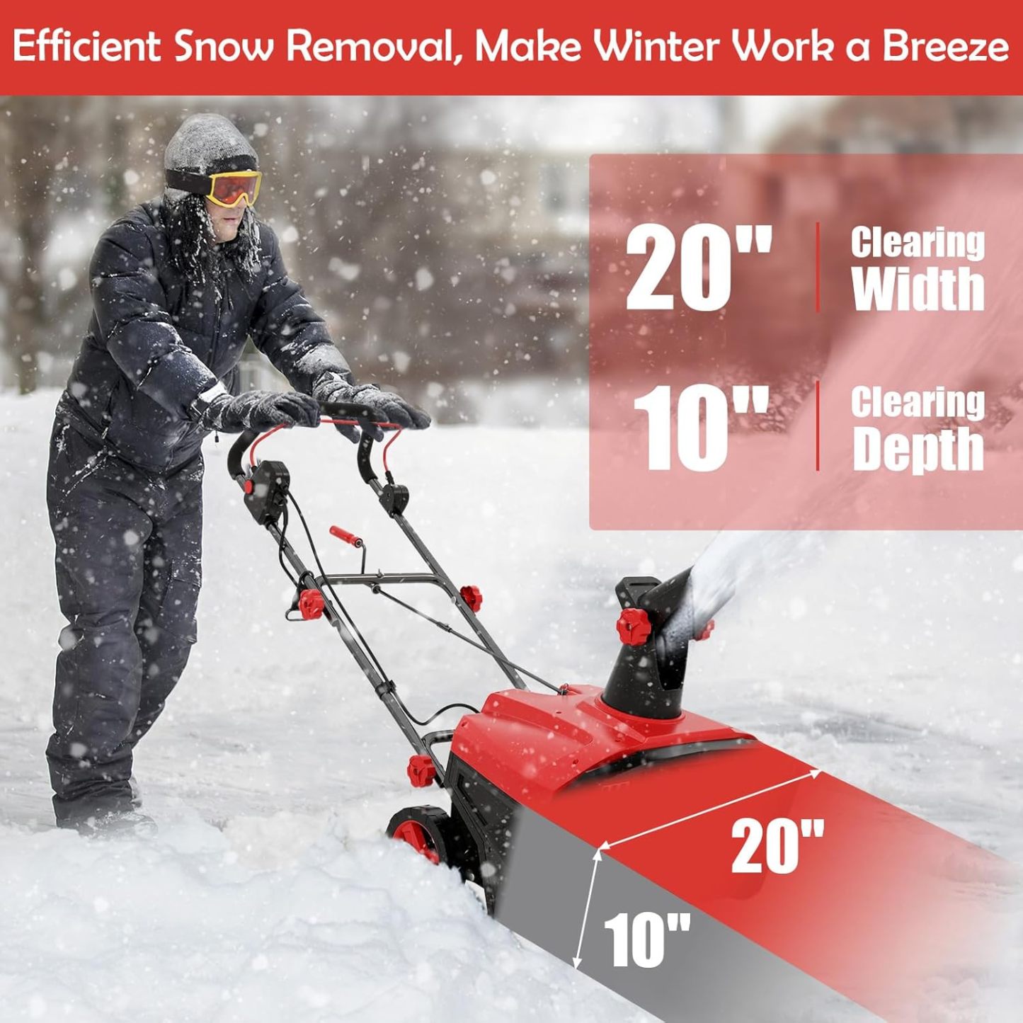 20” Corded Walk-Behind Snow Blower with 15 AMP Motor, 30 FT Throwing Distance, Directional Chute & Dual LED Lights