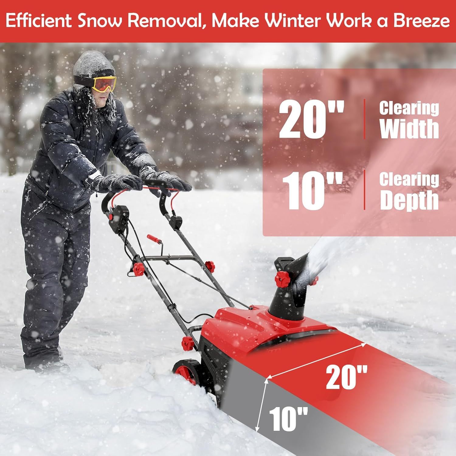 20” Corded Walk-Behind Snow Blower with 15 AMP Motor, 30 FT Throwing Distance, Directional Chute & Dual LED Lights