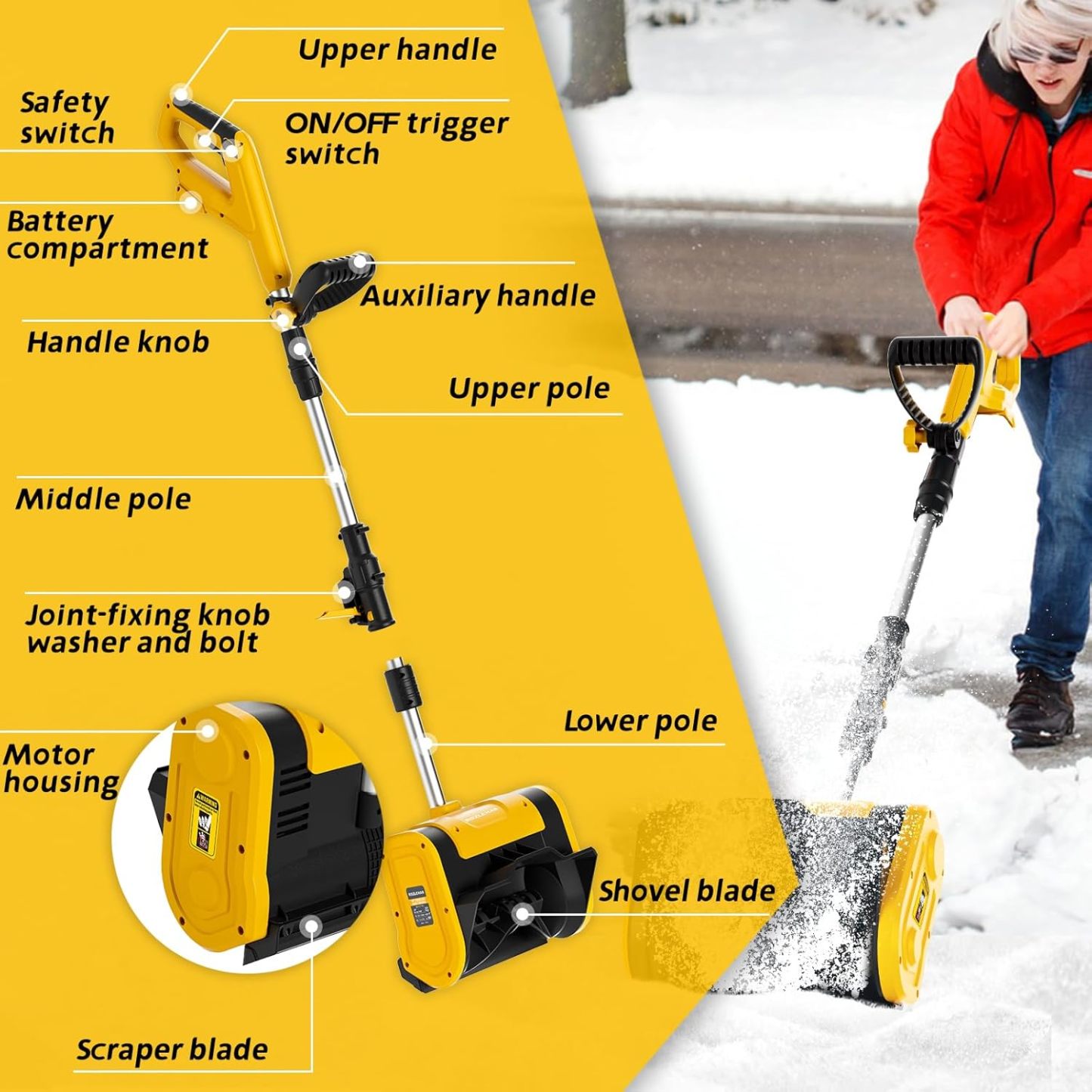 Cordless Snow Shovel Compatible for DeWALT 20V Battery, Electric Snow Blower for Driveway with Telescopic Pole