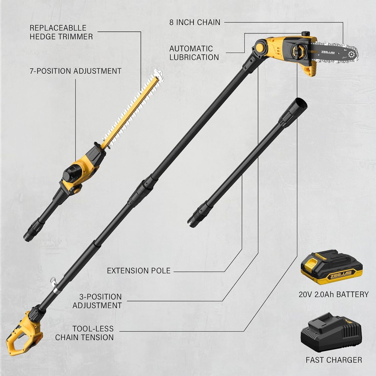 Pole Saw 8-Inch Cordless Tree Trimmer and 18-Inch Pole Hedge Trimmer 2-In-1,15-Feet Max Reach, Auto Oiling, Telescoping Pole Chainsaw with 2.0Ah Battery & Charger