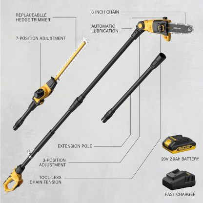 Pole Saw 8-Inch Cordless Tree Trimmer and 18-Inch Pole Hedge Trimmer 2-In-1,15-Feet Max Reach, Auto Oiling, Telescoping Pole Chainsaw with 2.0Ah Battery & Charger