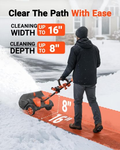 Cordless Snow Shovel with Wheels, 48V | 16-Inch | 4-Ah Brushless Cordless Snow Blower, Battery Snow Blower with Directional Plate & LED Lights (2 * 24V Battery & Dual Quick Charger Included)