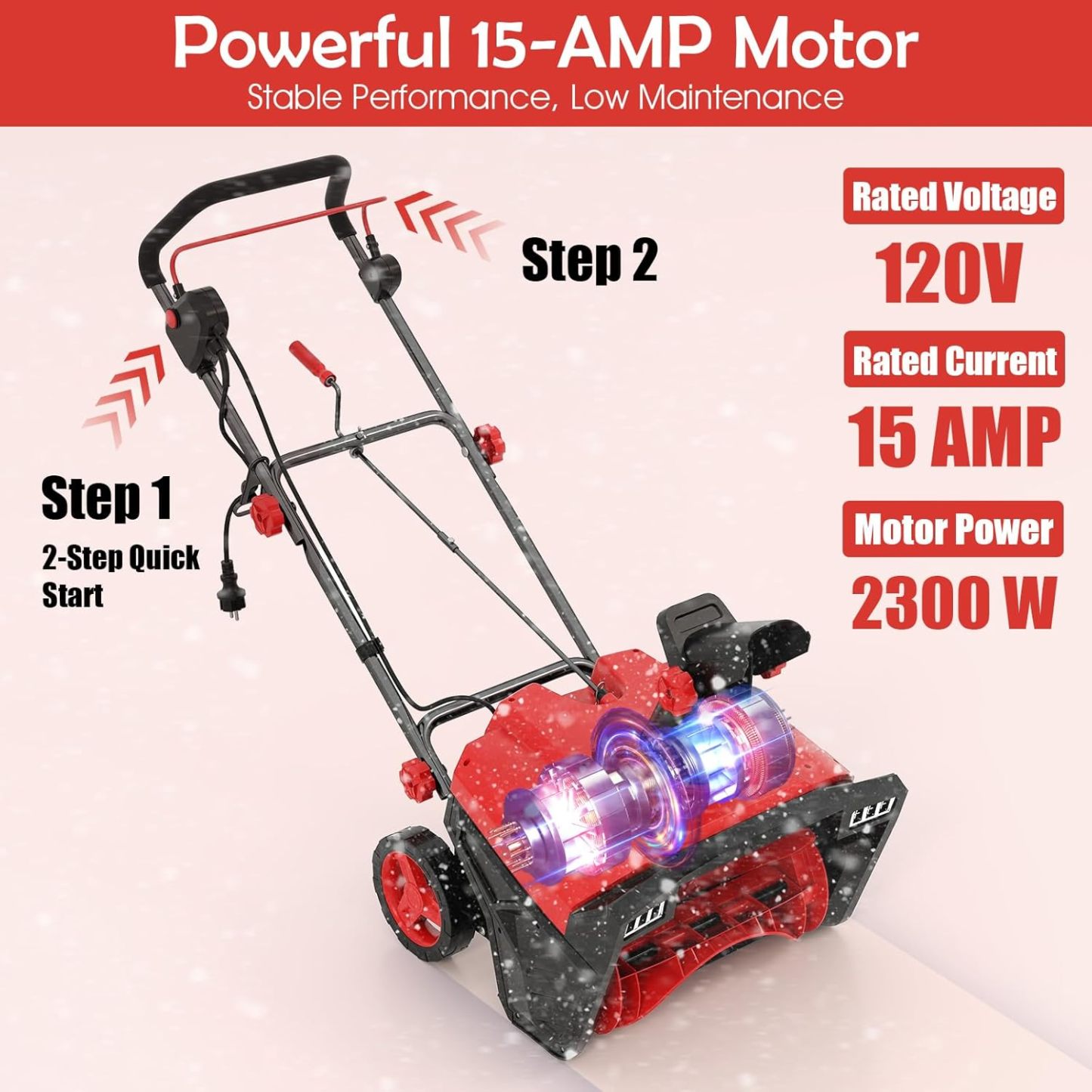 20” Corded Walk-Behind Snow Blower with 15 AMP Motor, 30 FT Throwing Distance, Directional Chute & Dual LED Lights