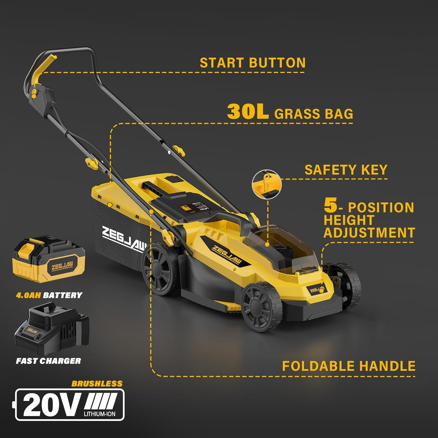 Lawn Mower Cordless,13-Inch 20V Electric Lawn Mower with 4.0Ah Battery and Charger, 2-in-1 Electric Mower with 5-Position Height Adjustment