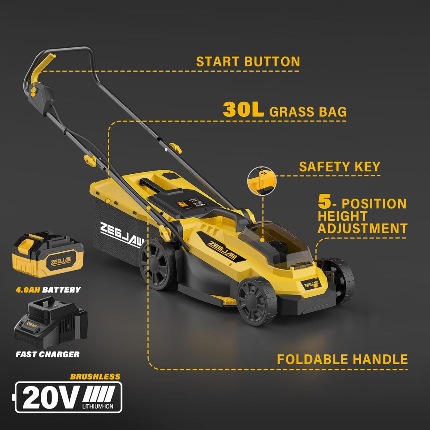 Lawn Mower Cordless,13-Inch 20V Electric Lawn Mower with 4.0Ah Battery and Charger, 2-in-1 Electric Mower with 5-Position Height Adjustment