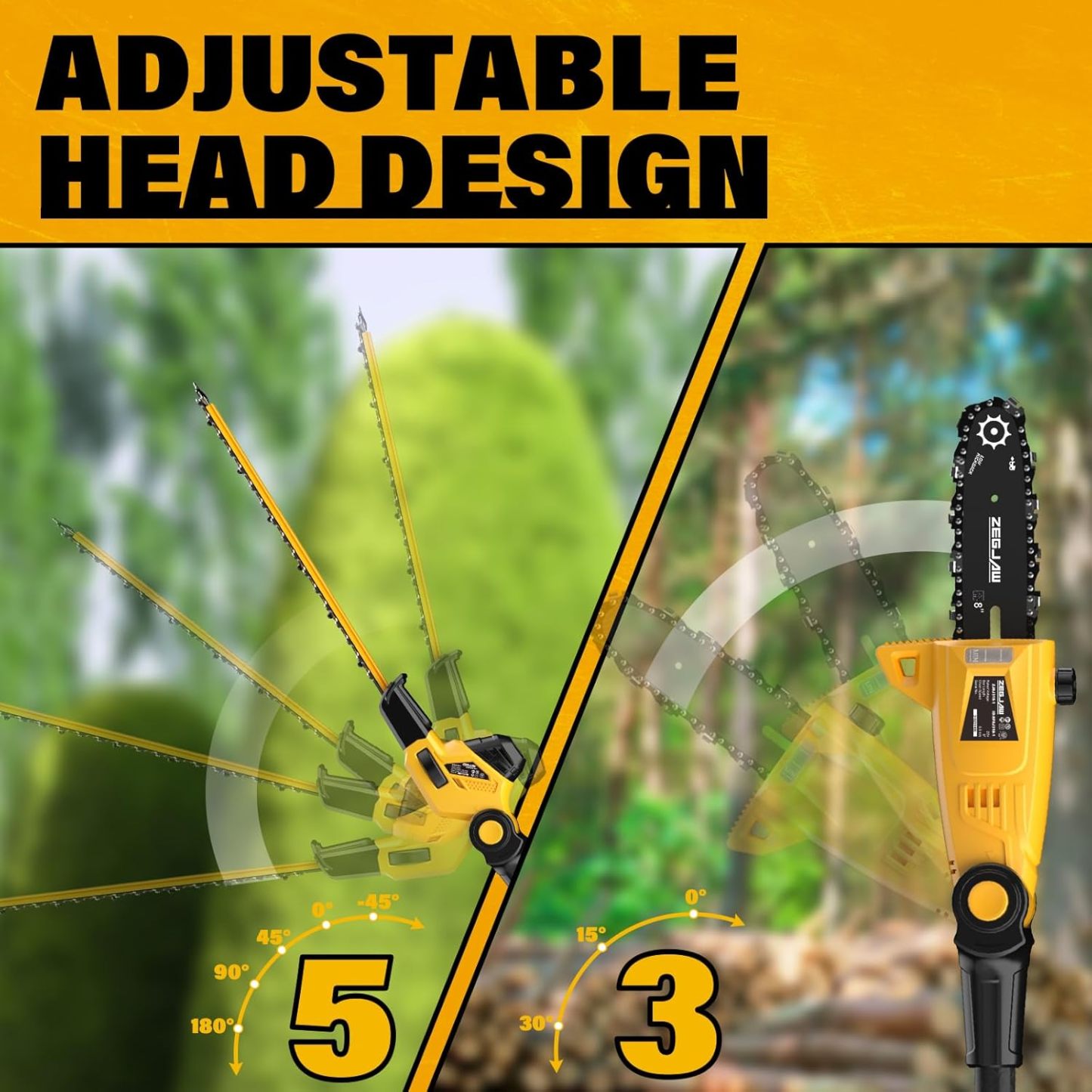Pole Saw 8-Inch Cordless Tree Trimmer and 18-Inch Pole Hedge Trimmer 2-In-1,15-Feet Max Reach, Auto Oiling, Telescoping Pole Chainsaw with 2.0Ah Battery & Charger
