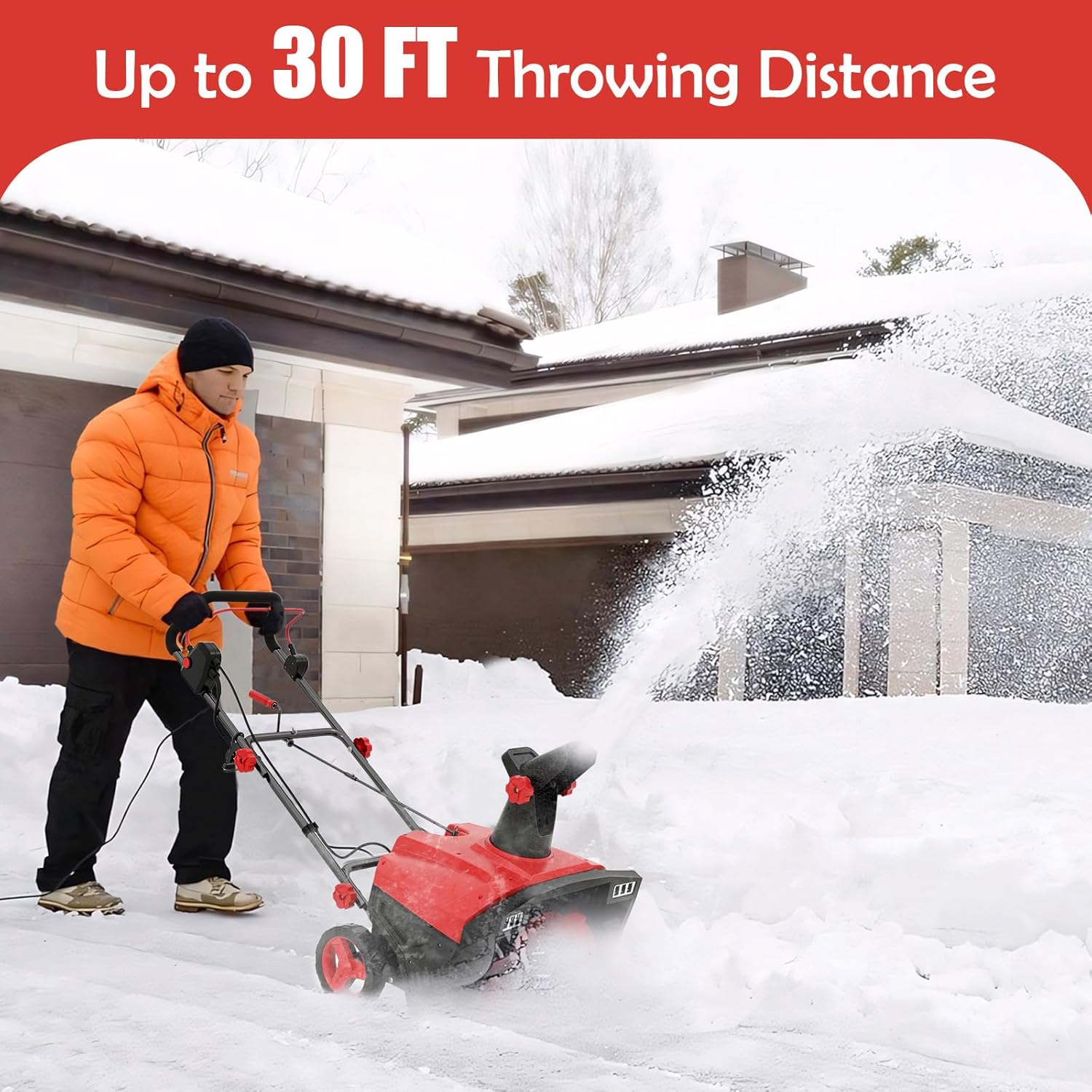 20” Corded Walk-Behind Snow Blower with 15 AMP Motor, 30 FT Throwing Distance, Directional Chute & Dual LED Lights