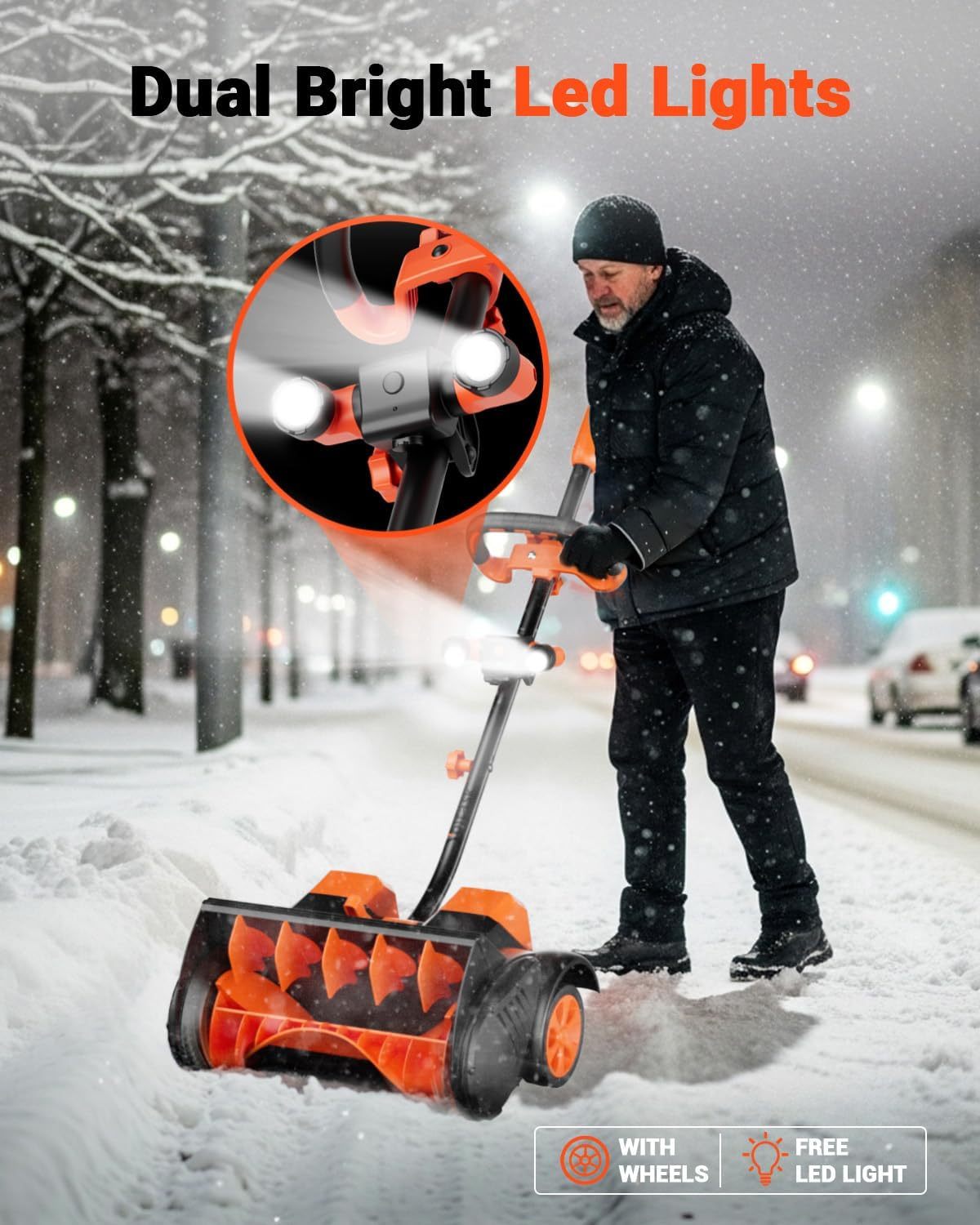 Cordless Snow Shovel with Wheels, 48V | 16-Inch | 4-Ah Brushless Cordless Snow Blower, Battery Snow Blower with Directional Plate & LED Lights (2 * 24V Battery & Dual Quick Charger Included)