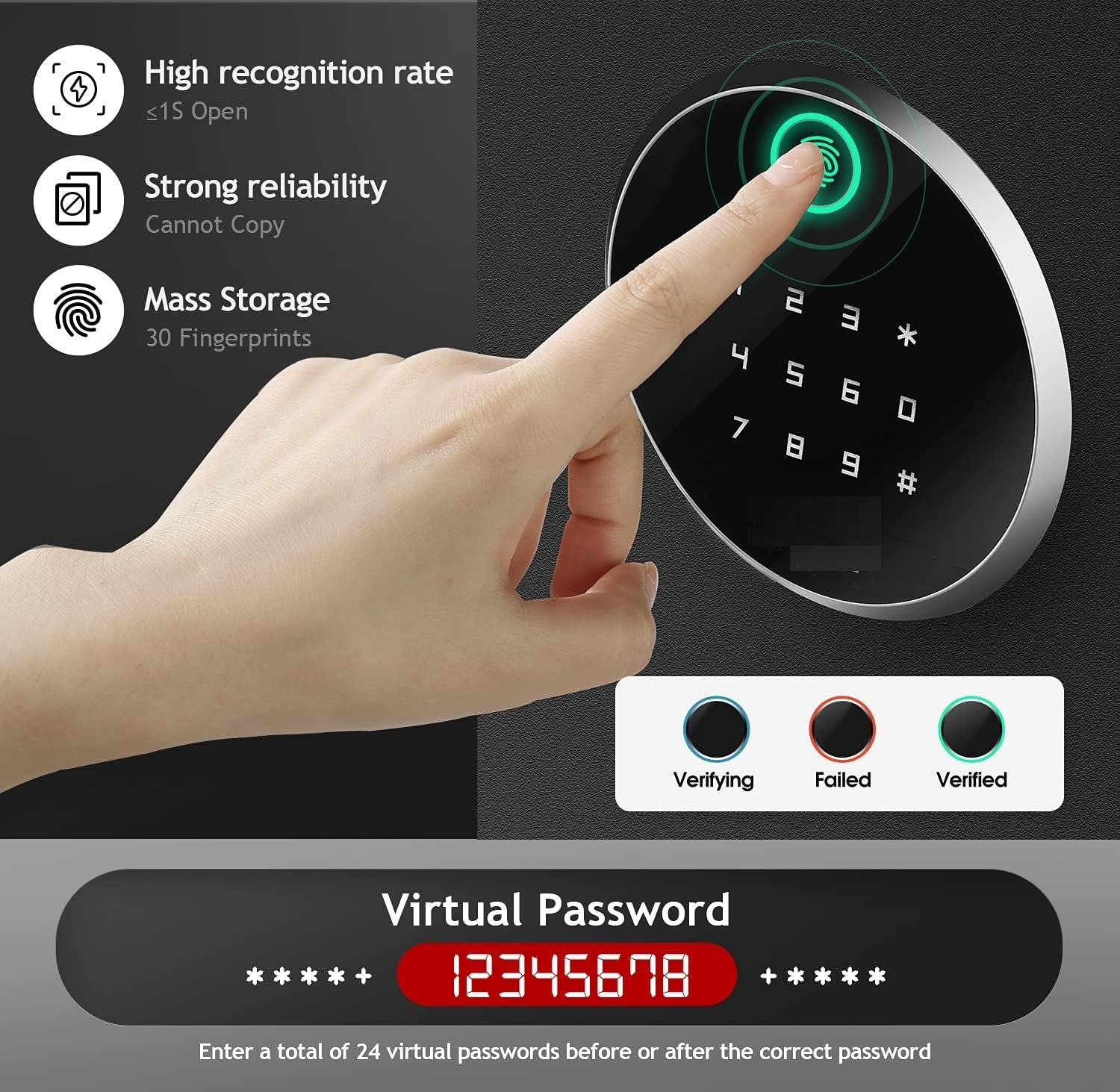 Deluxe Sleek Biometric Fingerprint Touch Screen Safe, Auto-Open Safe Box with Digital Virtual Password