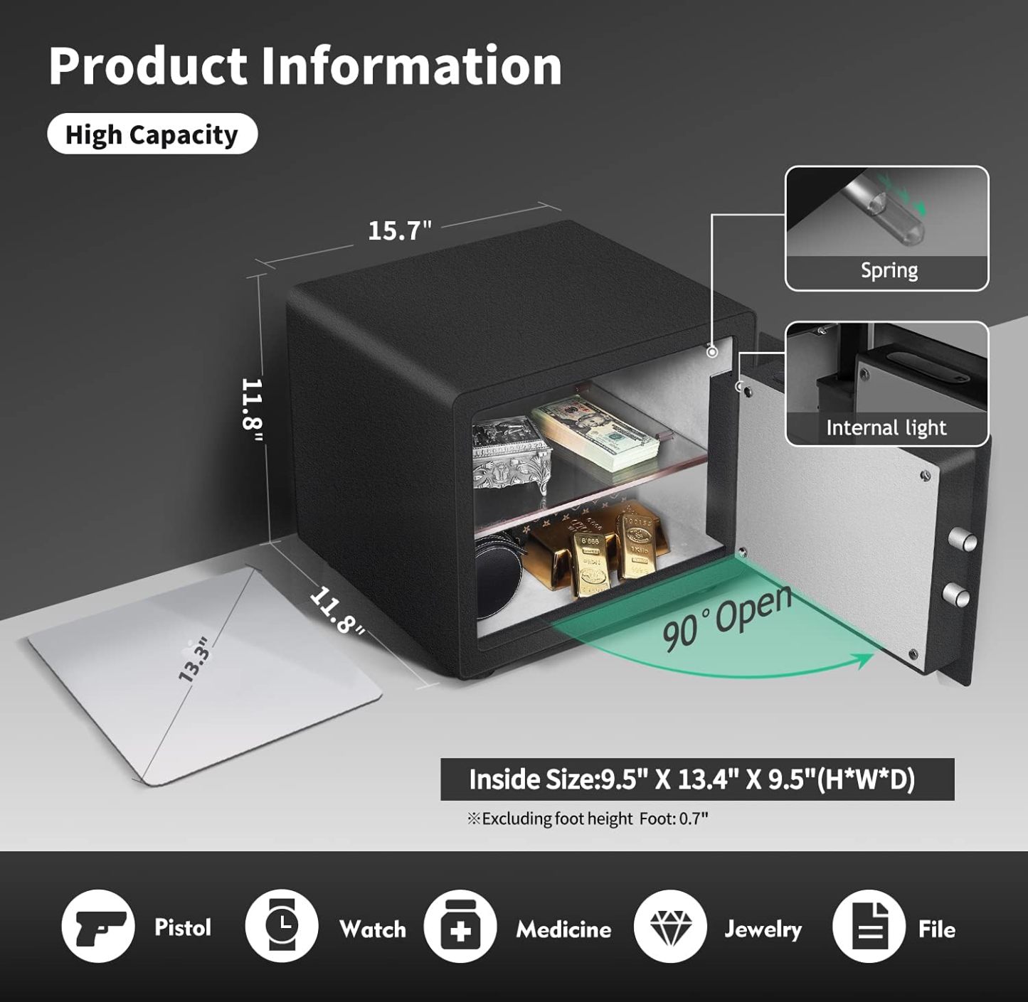 Deluxe Sleek Biometric Fingerprint Touch Screen Safe, Auto-Open Safe Box with Digital Virtual Password