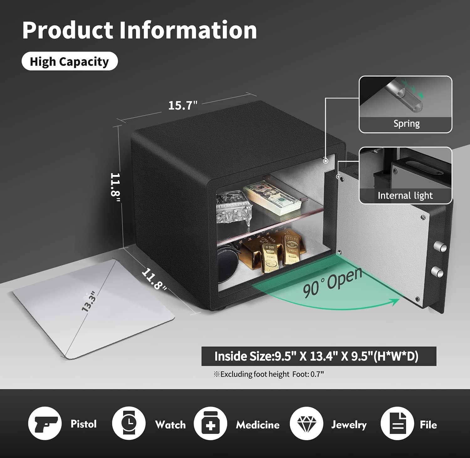 Deluxe Sleek Biometric Fingerprint Touch Screen Safe, Auto-Open Safe Box with Digital Virtual Password