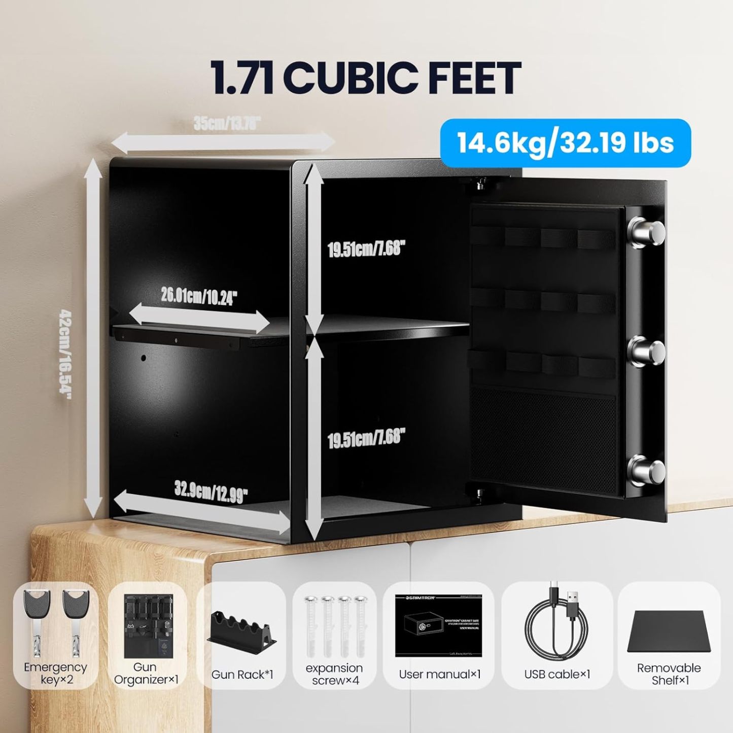 Biometric Gun Safe (1.71 cu. ft.) – Quick Access Multiple Handgun Storage with Fingerprint & Backlit Keypad