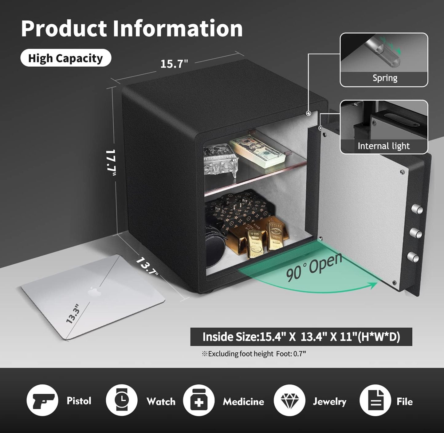 Modern Minimalism Design Biometric Fingerprint Touch Screen Safe, 2.25 Cubic Feet Auto-Open Safe Box with Digital Virtual Password