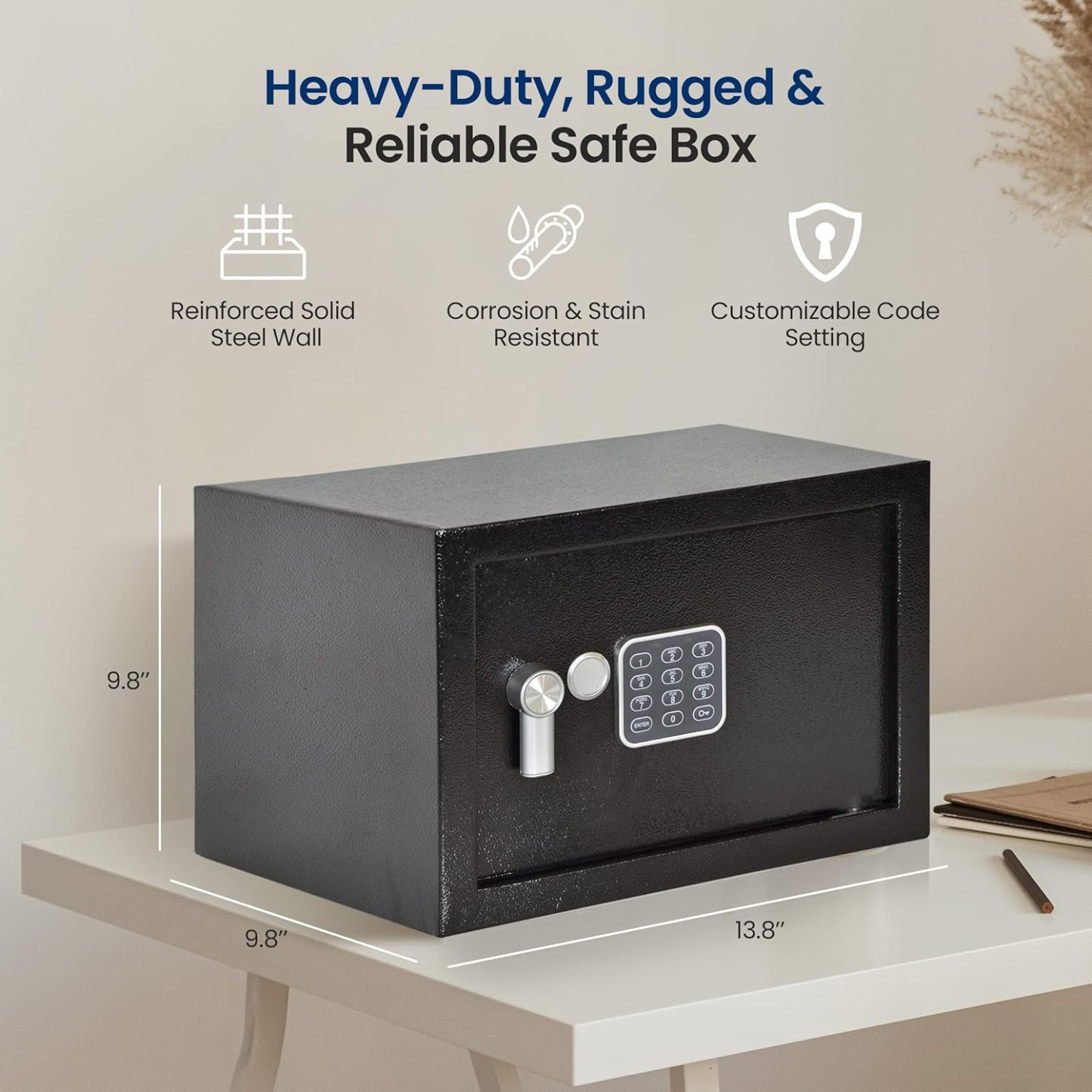 Electronic Safe Box | Heavy Duty 13.8’’ x 9.8’’ Lockbox | Digital Keypad Code & 2 Key access | Small Money Safe